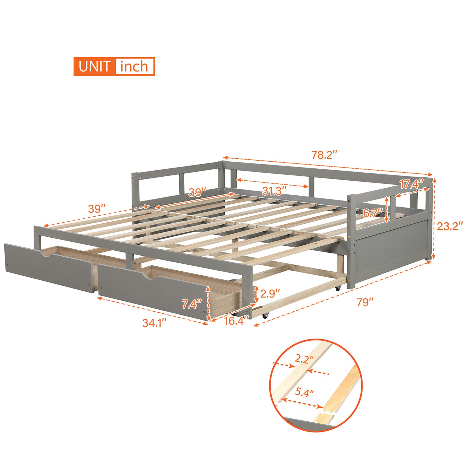 P PURLOVE Extendable Wooden Daybed with 2 Storage Drawers - Convertible Sofa Bed for Small Spaces, Guest Room & Living Room - Space-Saving Multi-Functional Furniture (Gray) | Perfect for Apartments, Dorms & Home Offices