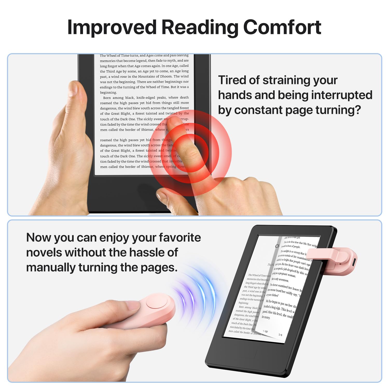 Wireless RF Remote Control Page Turner for Kindle Paperwhite/Oasis, Kobo eReaders - Compatible with iPad Tablets for Reading Novels & Comics - Camera Shutter Remote for Video Recording (Pink) - Perfect for Hands-Free Reading, Online Learning & Content Creation