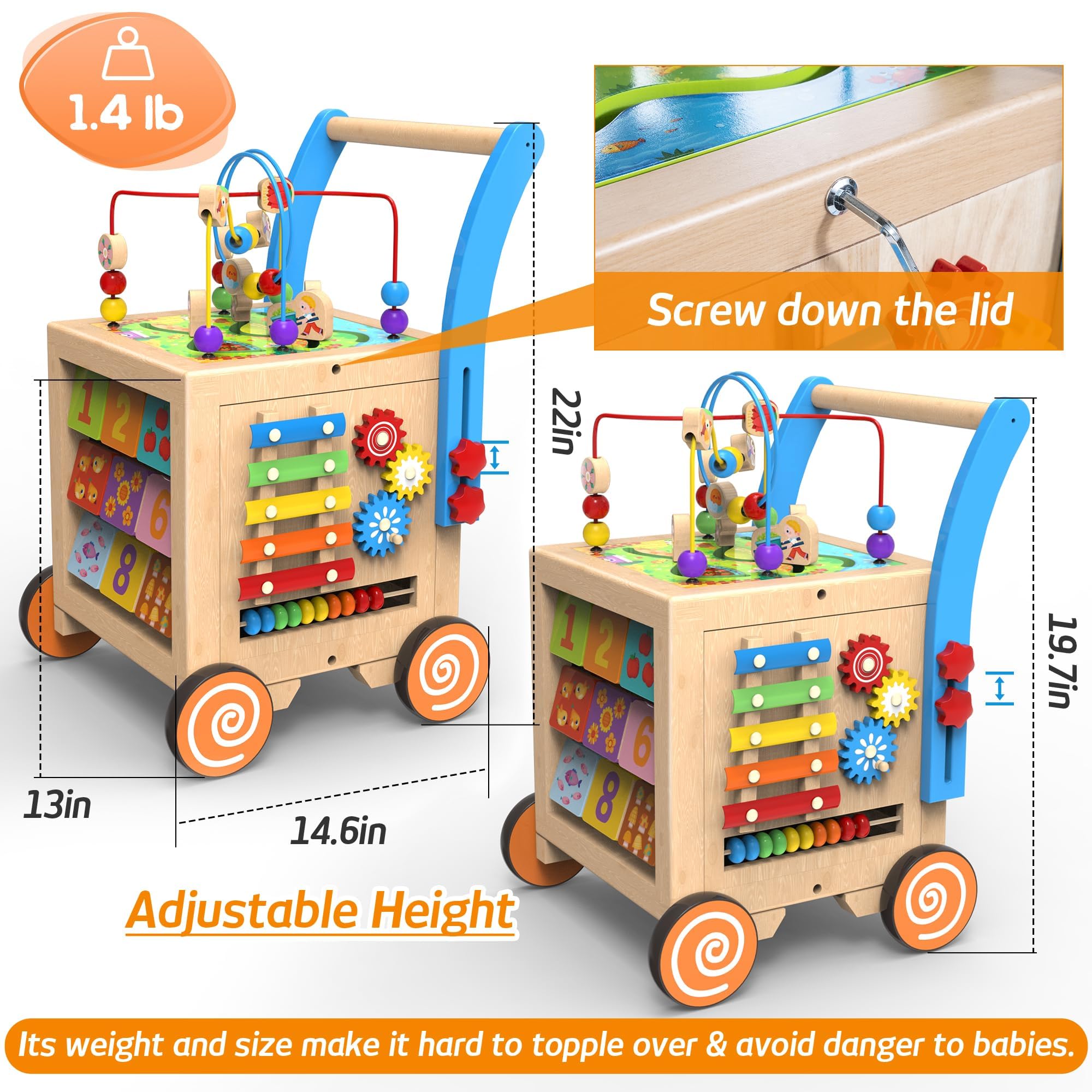 9-in-1 Wooden Activity Cube Baby Walker - Adjustable Height & Brake, Sit-to-Stand Learning Toy with Push & Pull Features for Toddlers Boys & Girls | Early Education Developmental Toy for Playroom, Nursery & Daycare