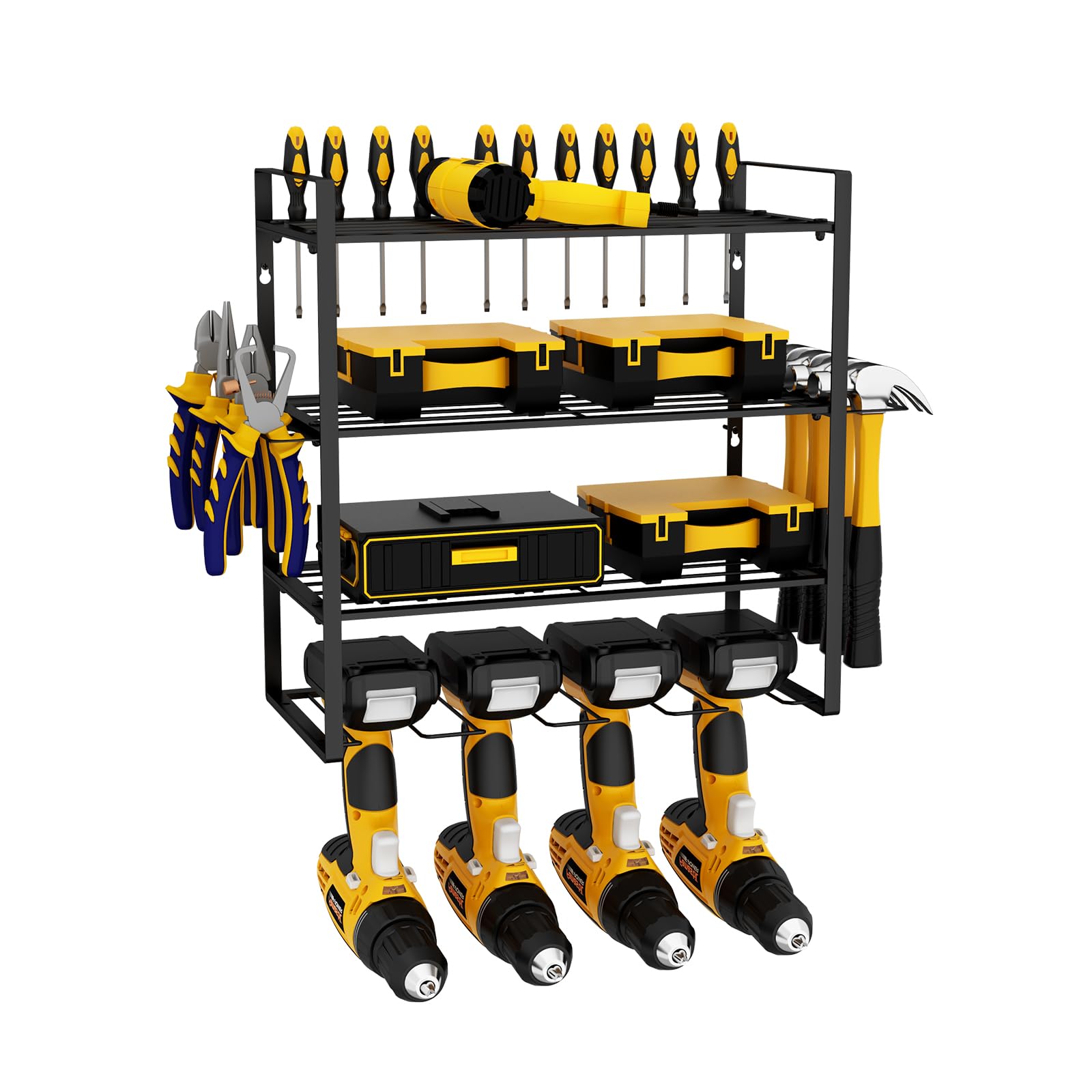 4-Layer Heavy Duty Wall Mounted Drill Holder & Power Tool Organizer - Black Metal Garage Storage Rack for Drills, Wrenches & Screwdrivers - Perfect for Workshop, Garage & DIY Projects (Great Gifts for Men)