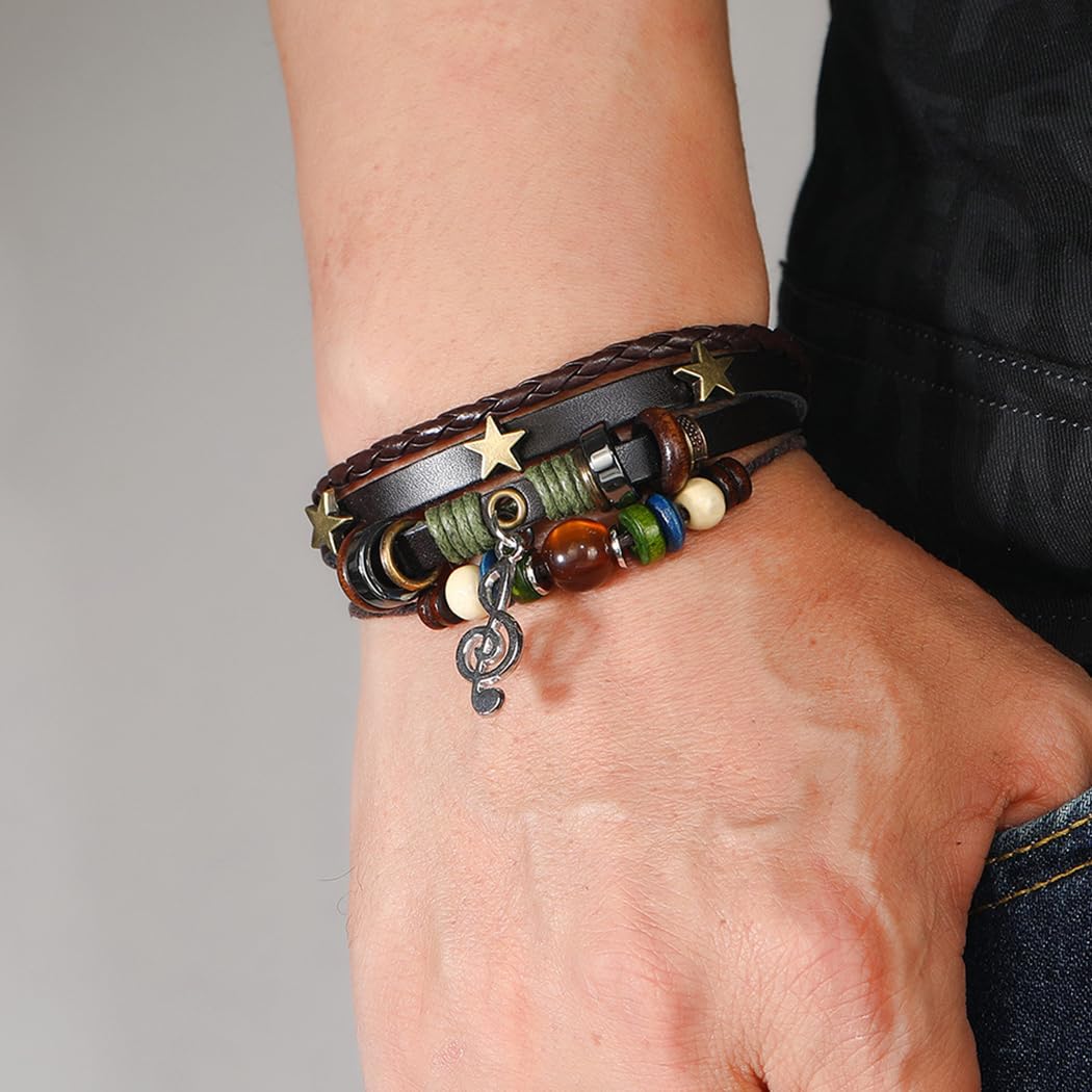 Braided Leather Beaded Bracelet for Women & Men - Stackable Black Music Bracelet - Perfect for Concerts, Festivals, and Everyday Boho Style