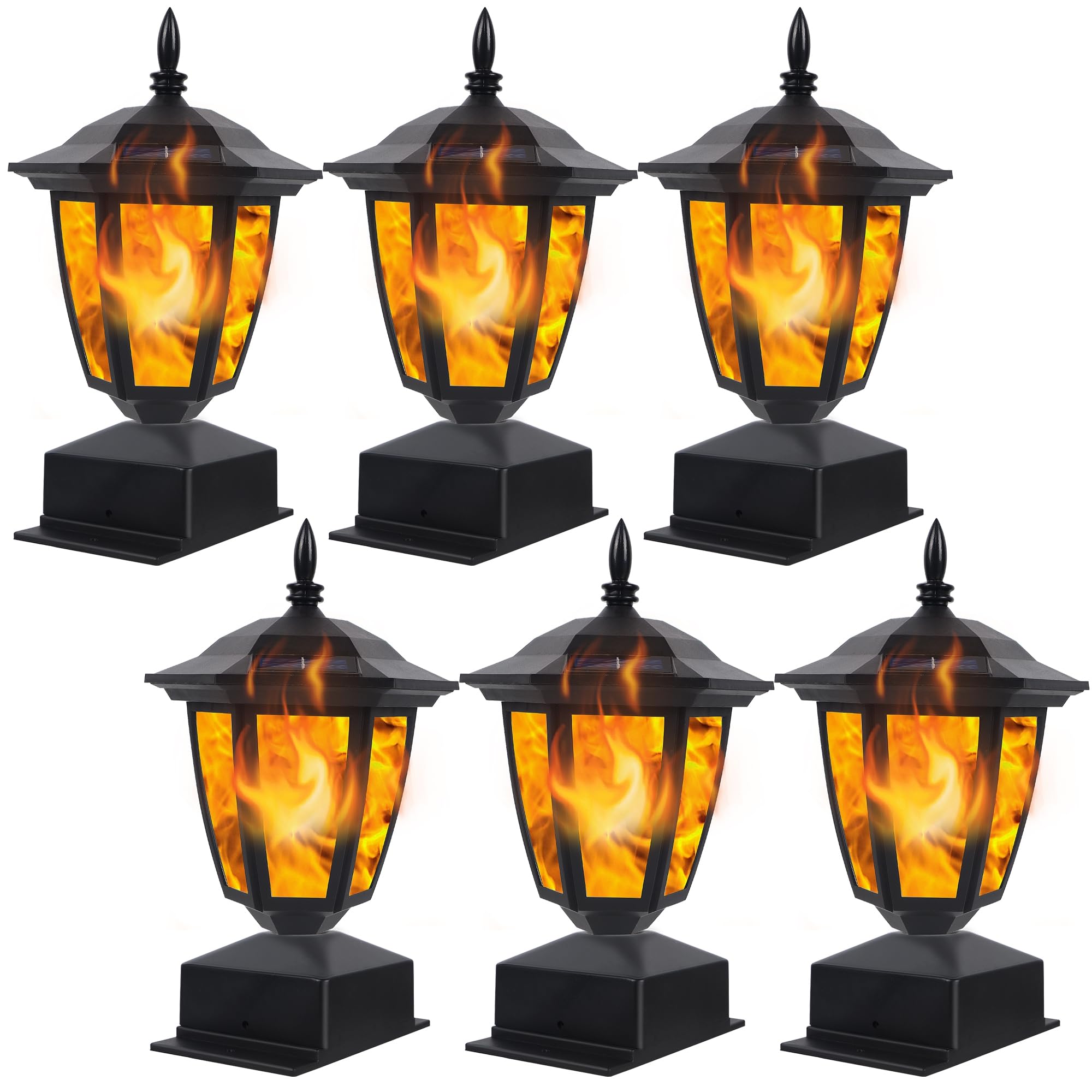 Dynaming Solar Flame Post Lights Outdoor - 6 Pack Waterproof Flickering LED Lanterns for Garden, Deck, Patio | Solar Powered Fence Post Cap Lights Fit 4x4, 5x5 or 6x6 Wooden Posts | Perfect for Pathway Lighting, Backyard Ambiance & Evening Gatherings
