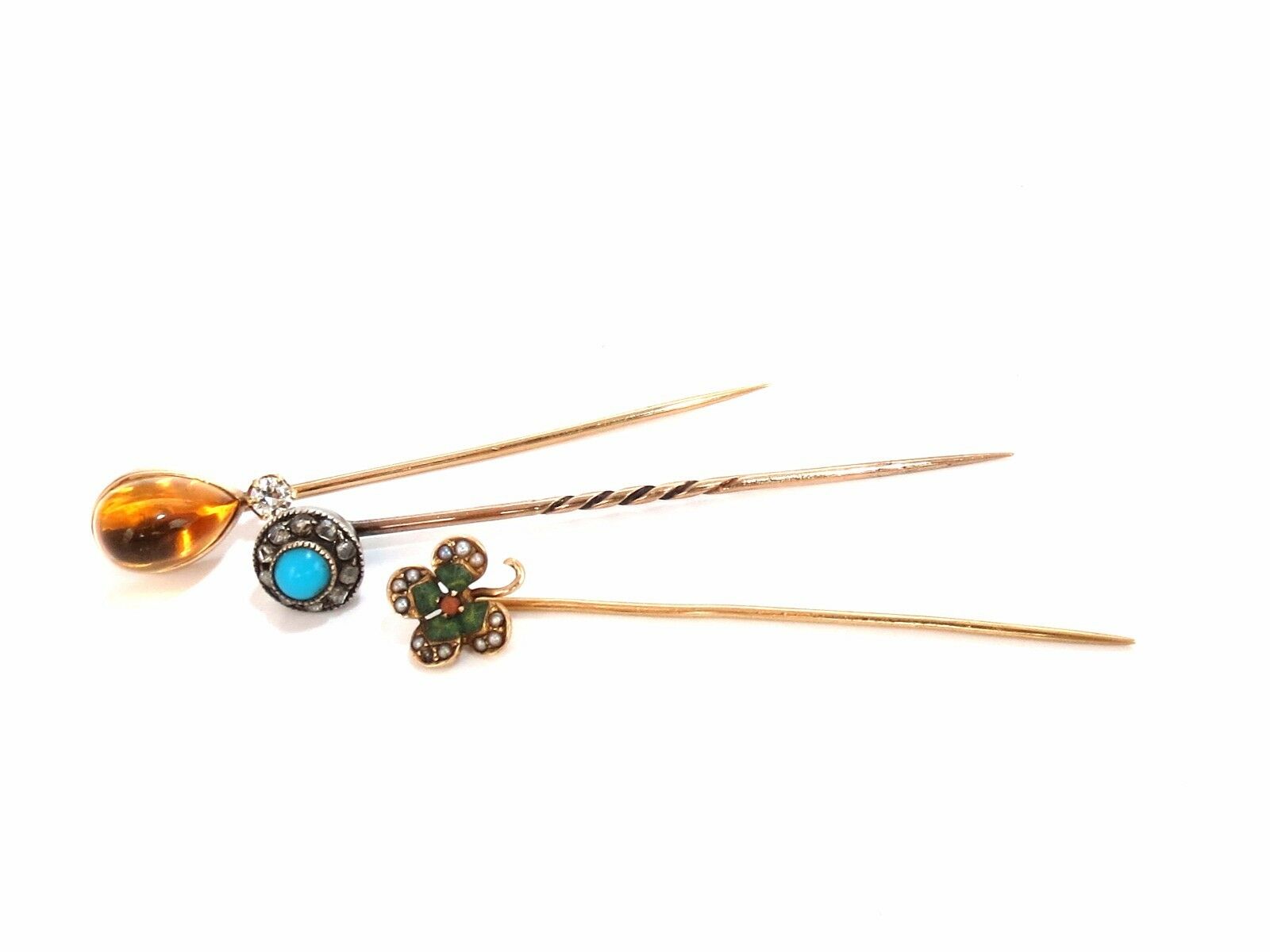 Vintage Antique Hat Pins Set of 3 - Classic Irish Clove Citrine Turquoise Collectors' Items for Victorian Costume, Steampunk Fashion & Historical Reenactment