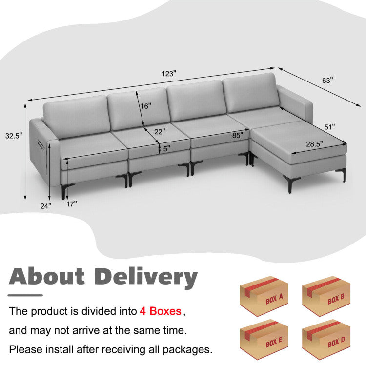 Costway 4-Seater L-Shaped Modular Sectional Sofa with Ottoman, USB Ports & Armrest Organizer - Perfect for Living Room, Home Theater & Small Spaces