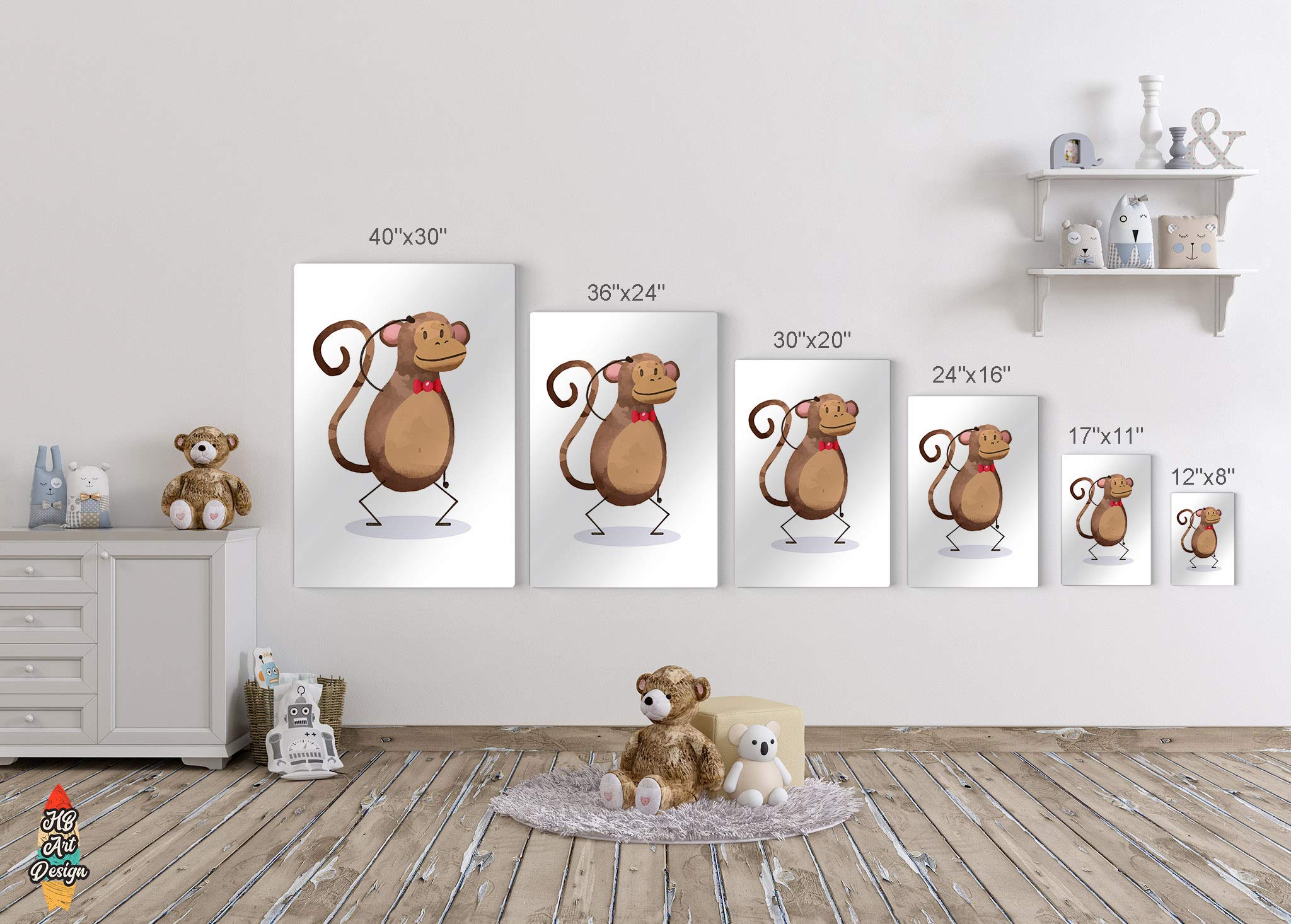 HB Art Design Monkey Zebra Lion Giraffe Wall Art - 4 Panel Nursery Decor Set for Baby Girl & Boy Rooms - Handmade in USA (30x20 inches each) - Perfect for Kids Bedroom, Playroom & Baby Shower Gifts