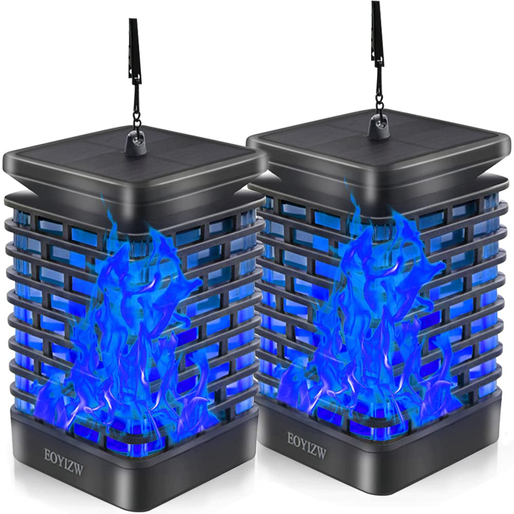 EOYIZW 99 LED Solar Lanterns with Flickering Flame Effect - 2 Pack Waterproof Outdoor Solar Lights for Garden, Patio, Yard, Porch, Lawn Decor - Blue Solar Lanterns for Romantic Ambiance & Holiday Lighting