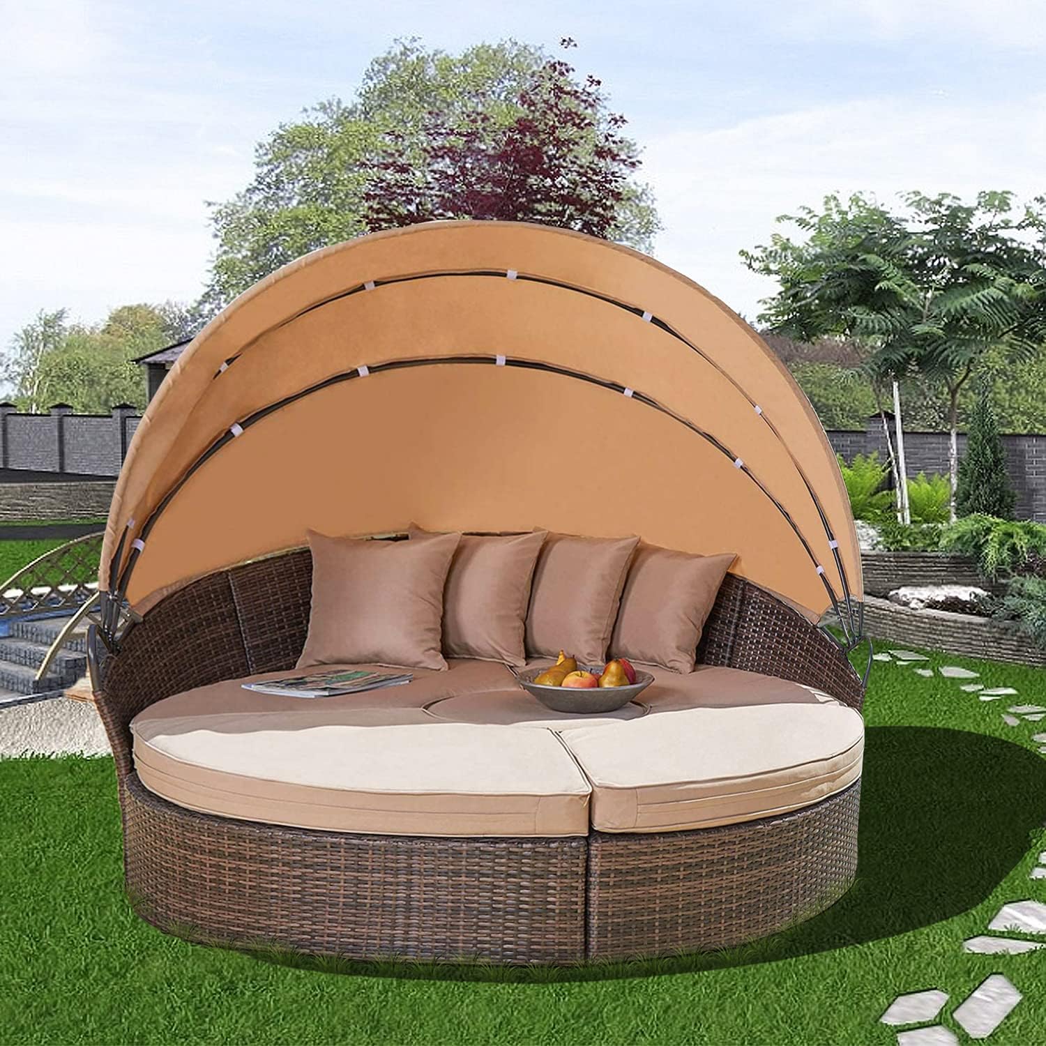 Outdoor Round Daybed Sofa Set with Retractable Canopy - 4-Piece Brown Wicker Patio Furniture with Cushioned Sectional & Round Center Table - Perfect for Poolside, Garden, Lawn, and Backyard Relaxation