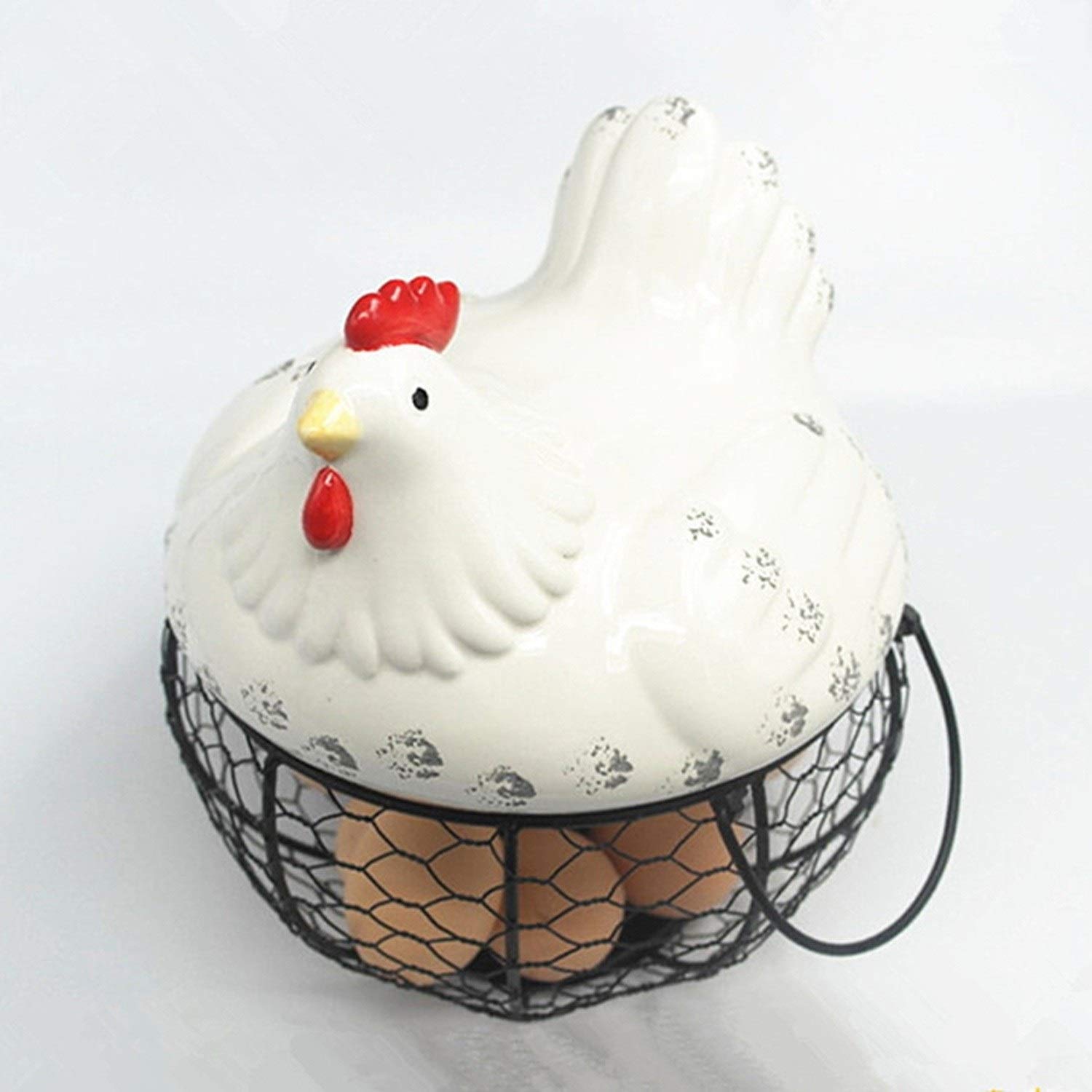 Chicken-Shaped Ceramic Egg Storage Basket – Metal & Ceramic Kitchen Organizer for Eggs, Snacks, Fruits | Vintage Hen Decor for Farmhouse & Country Style Kitchens