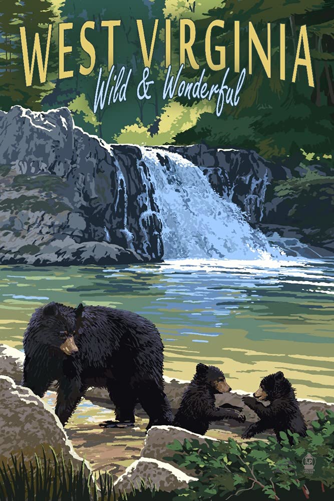 West Virginia Wild and Wonderful Waterfall and Bears 113150 - Signed 24x36 Art Print Poster, Nature Wall Decor for Living Room, Office & Cabin