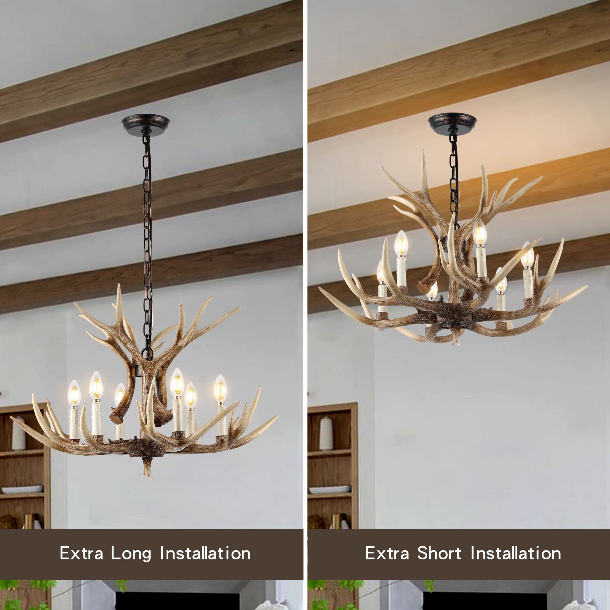 6-Light Antler Chandelier - Rustic Deer Horn Lighting Fixture for Farmhouse, Living Room, Bedroom, Dining Room & Kitchen | Perfect for Cabin Decor, Lodge Style Homes and Western-Themed Interiors