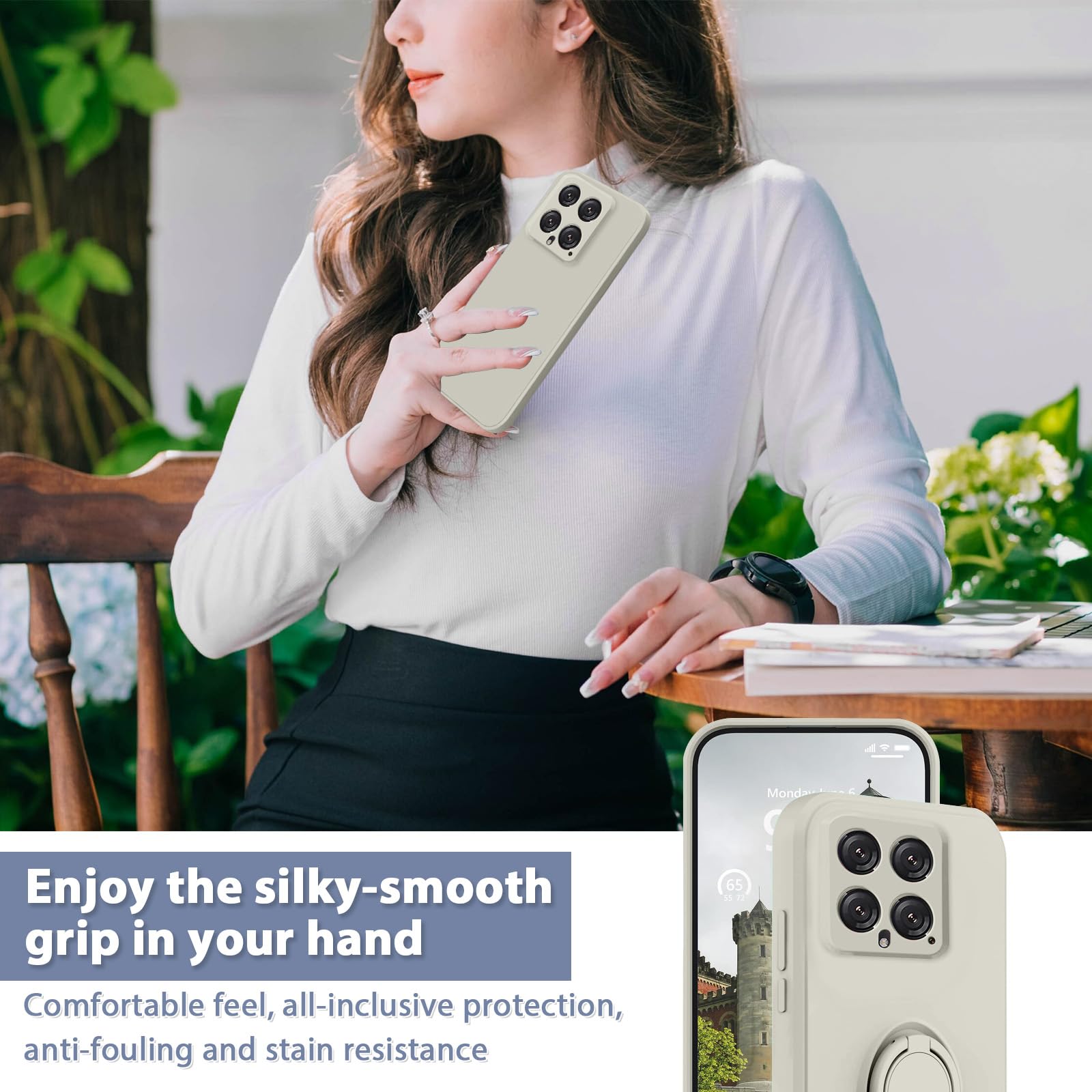 Galful Silicone Phone Case for Xiaomi 14 5G with 360° Ring Stand - Thin Slim Protective Cover with Microfiber Lining & Anti-Scratch Design (White) - Perfect for Daily Use, Travel, and Hands-Free Viewing