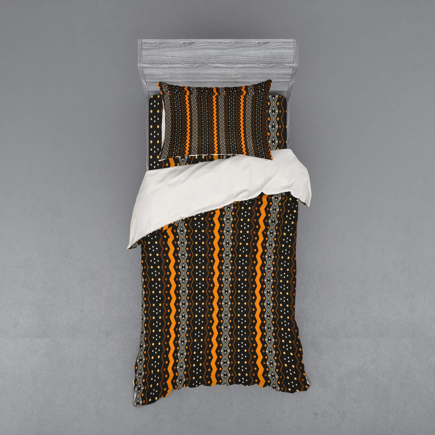 Ambesonne Abstract Duvet Cover Set - Folk Art Zig Zag Pattern 3-Piece Bedding with Pillow Sham & Fitted Sheet, Twin Size in Marigold & Black - Perfect for Modern Bedrooms, Guest Rooms & Dorm Decor