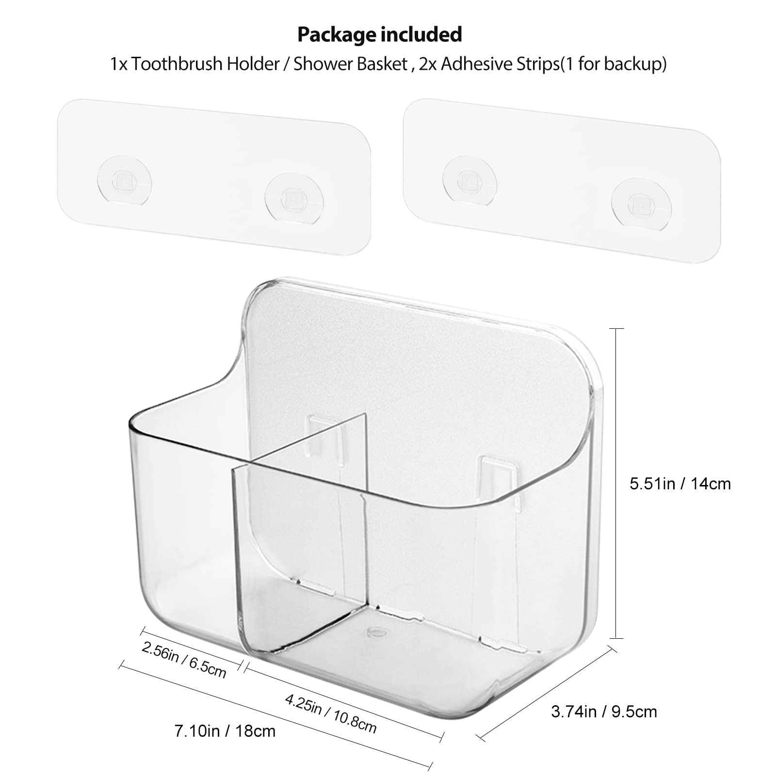 Ettori Toothbrush Holder - 2 Compartment Wall Mounted Bathroom Organizer, No Drill Adhesive Shower Caddy for Toothbrushes & Essentials - Clear Plastic Storage Solution for Bathroom, Kitchen & Small Spaces