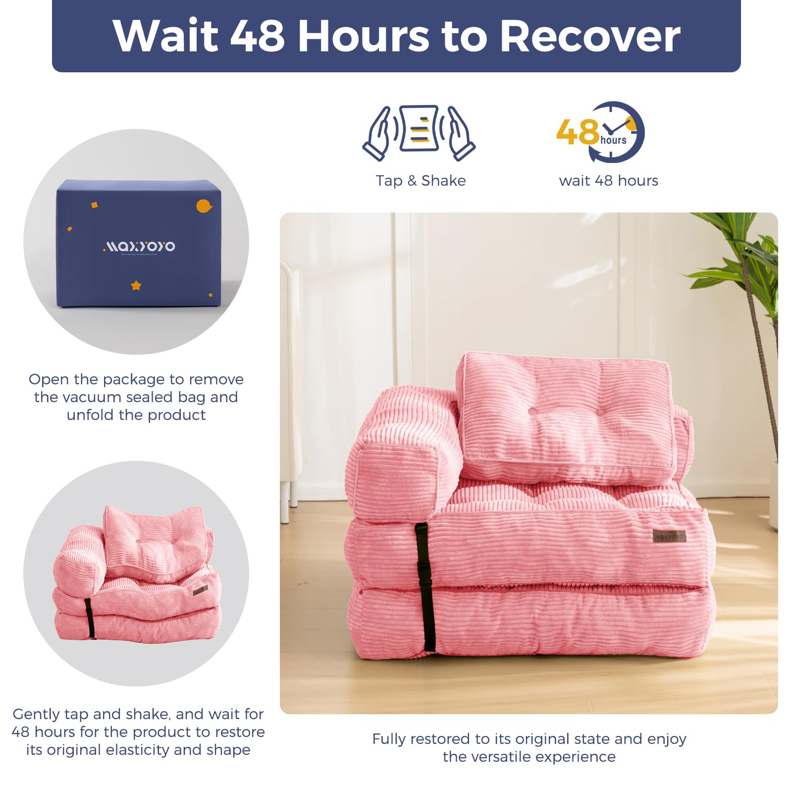 MAXYOYO L-Shaped Folding Sofa Bed - Convertible Sleeper Sofa with Armrests in Pink | Space-Saving Furniture for Small Apartments, Guest Rooms & Home Offices