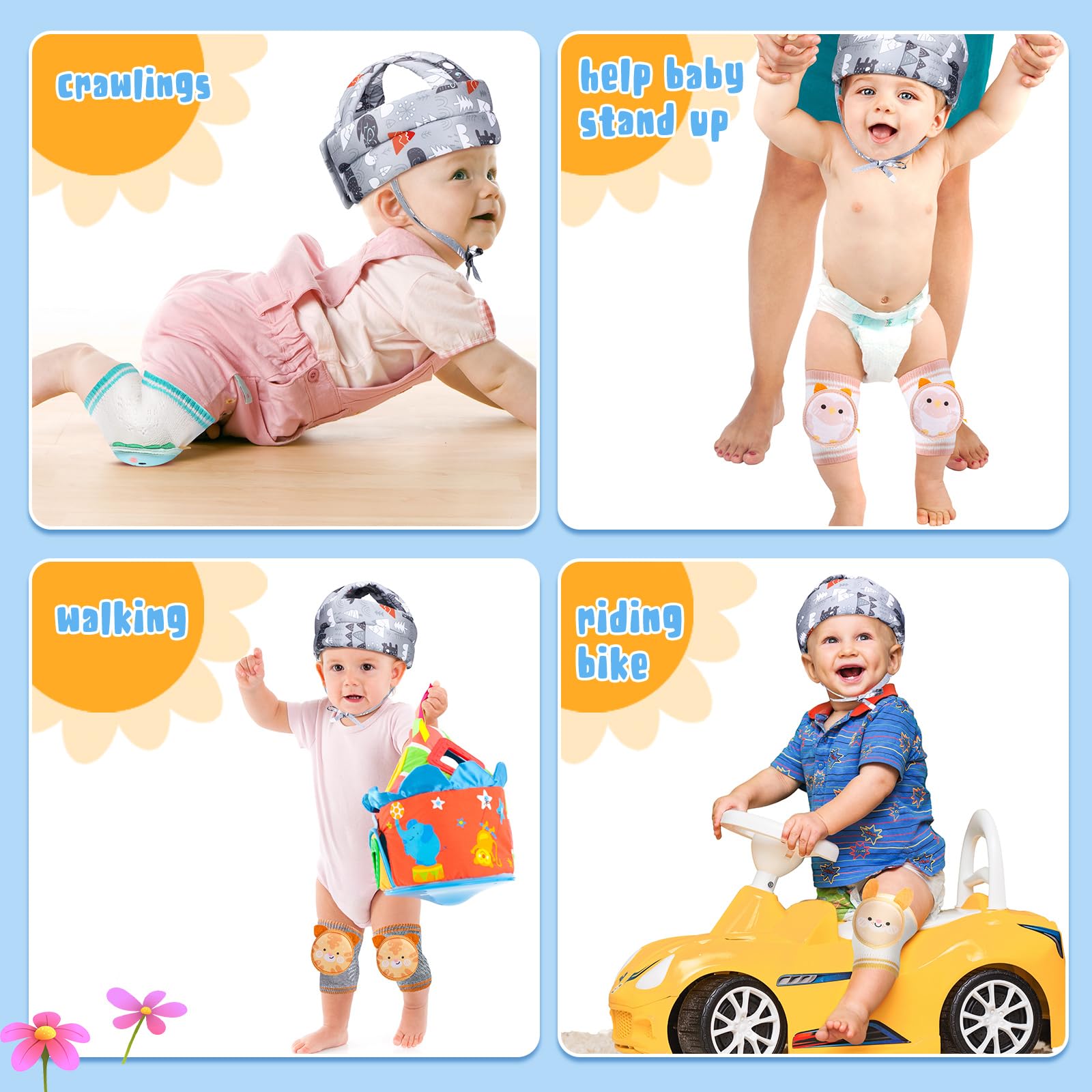 **Preboun Adjustable Baby Safety Helmet with Knee Pads Set - Soft Head Protector & Cushion for Crawling Infants 6 Months to 3 Years (Elephant Design) - Perfect for Learning to Walk, Playtime & Home Protection**