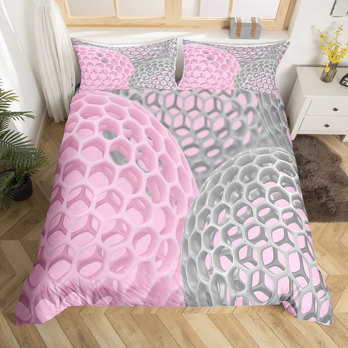 3D Honeycomb Duvet Cover Set - Geometric Hexagon Bedding Twin Size, Modern Beehive Comforter Cover for Kids Teens & Adults, Pink & Grey Chic Home Decor - Perfect for Bedroom Makeover & Cozy Sleep
