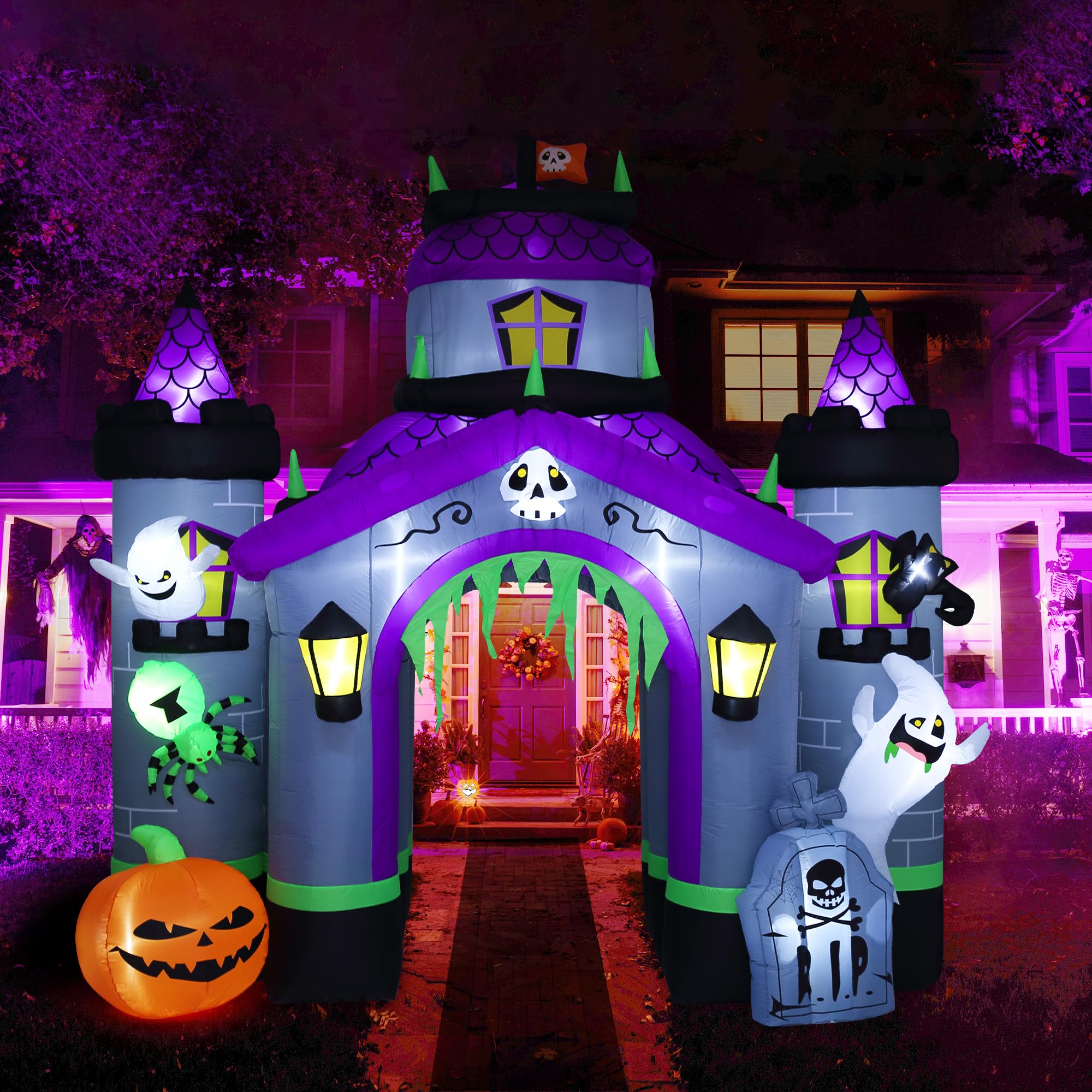 12.5 FT Giant Halloween Inflatable Haunted House Castle Archway - Outdoor Halloween Decorations for Front Lawn, Garden, and Yard - Spooky Blow Up Decor for Halloween Parties & Trick or Treating