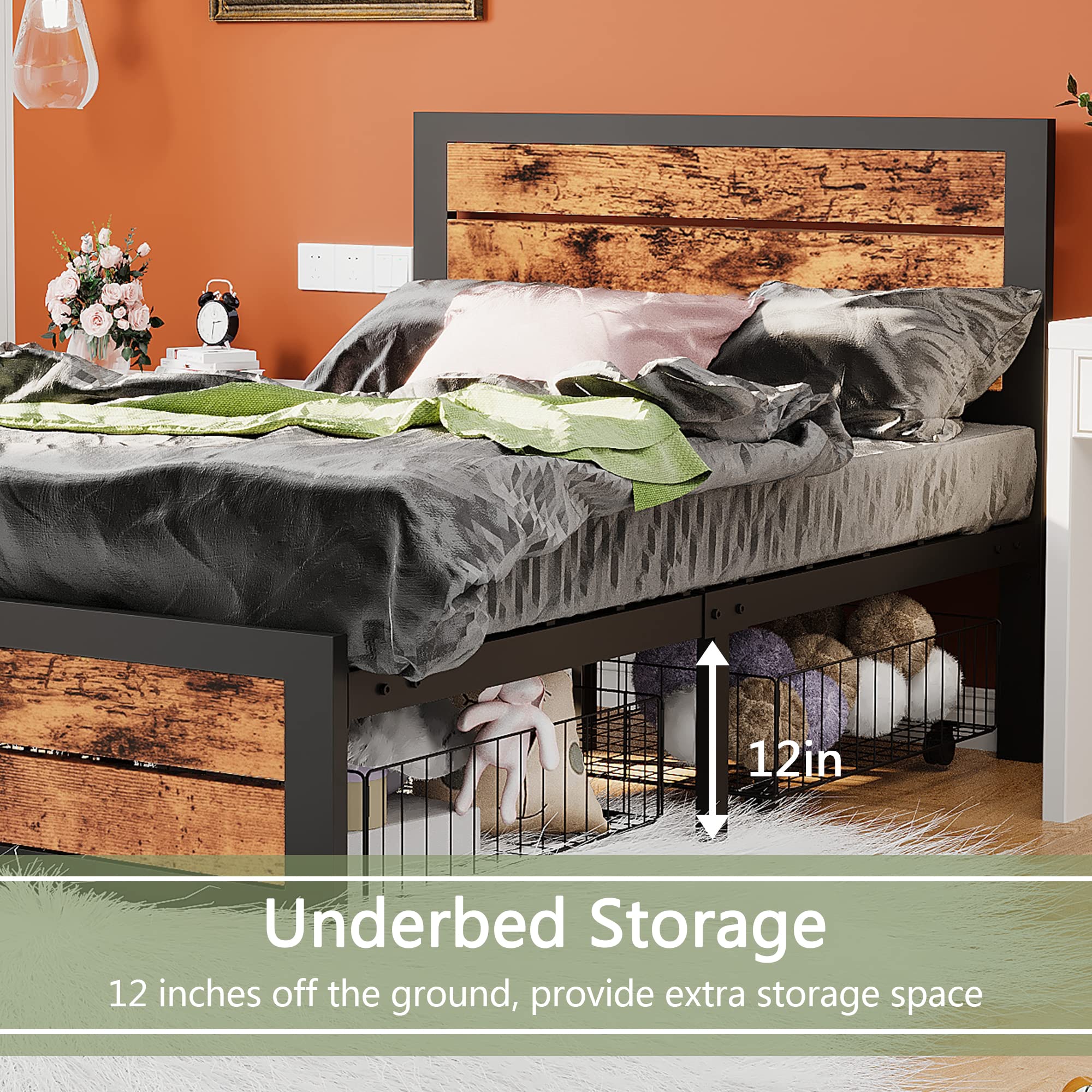 DHMAKER Twin Bed Frame with Storage & Headboard - Sturdy Metal Platform Bed with Steel Slats & 2 Underbed Carts - No Box Spring Needed - Perfect for Kids, Teens & Adults Bedrooms, Dorms & Guest Rooms