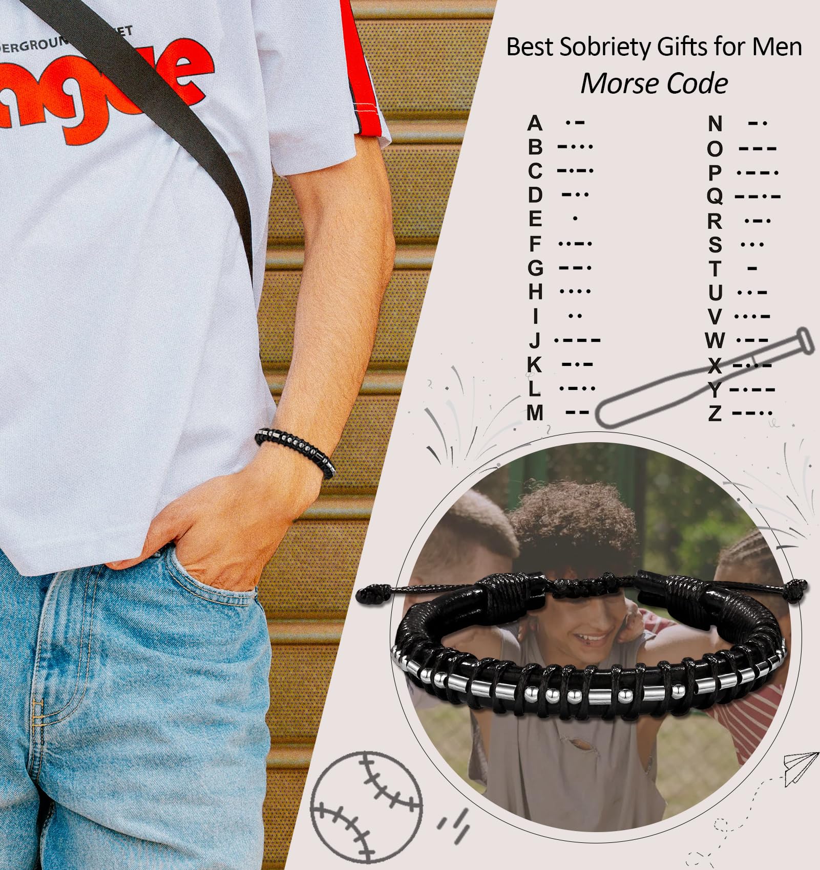 Morse Code Bracelet for Men - Black Leather Sobriety Gift with Wallet Card - Inspirational Graduation, Birthday, Father's Day Gift for Him, Son, Brother, Grandson - Perfect for Recovery Support & Special Occasions