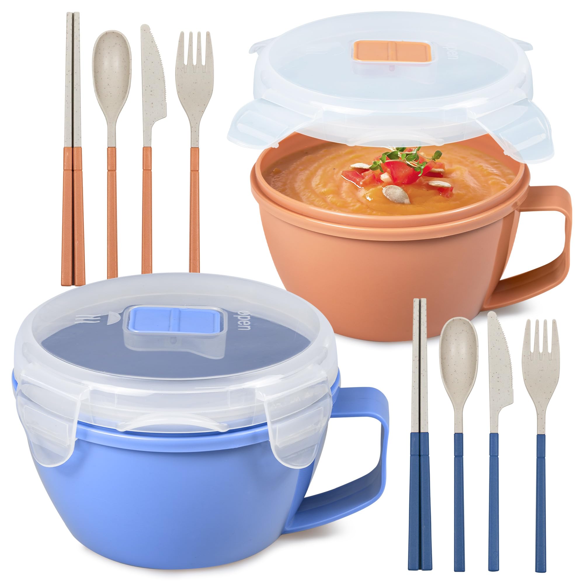 MATICAN Microwave Safe Soup Bowls with Lids - 2-Pack 30oz Noodle Bowls for Ramen, Cereal, Beverages - BPA-Free Caramel & Lilac Tableware - Perfect for Office Lunch, Dorm Meals & Quick Snacks