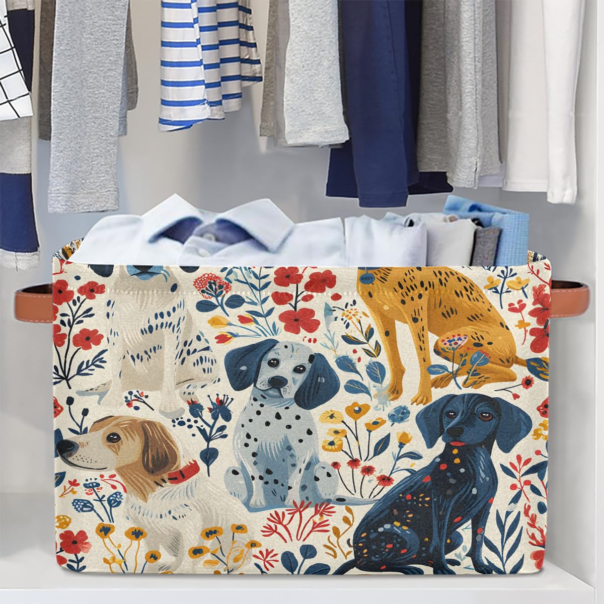 Cartoon Hand-Drawn Dog Foldable Storage Baskets with Handles - 2 Pack Decorative Organizer Bins for Shelves, Home & Office | Perfect for Bedroom, Bathroom, and Kids' Room Storage