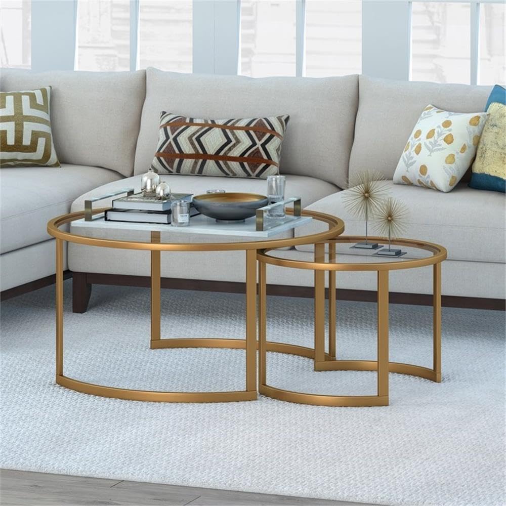 Stylish Metal Two-Tier Glass Top Brass Coffee Table for Living Room - Modern End Table with Storage Shelf for Home Decor