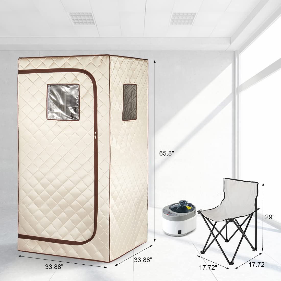 Smartmak Portable Home Steam Sauna - Full Size Personal Sauna Spa Box with 1500W Steam Generator, 4L Water Tank & 99 Min Timer | Foldable Chair & Mat Included | Remote Control | Beige Brown | Perfect for Home Relaxation, Detox & Muscle Recovery