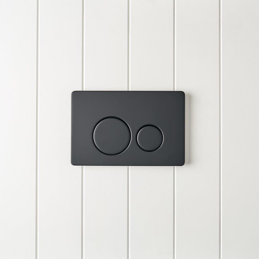 Modern Curved In-Wall Toilet with Round Matte Black Buttons - Space-Saving Wall-Mounted Design for Contemporary Bathrooms