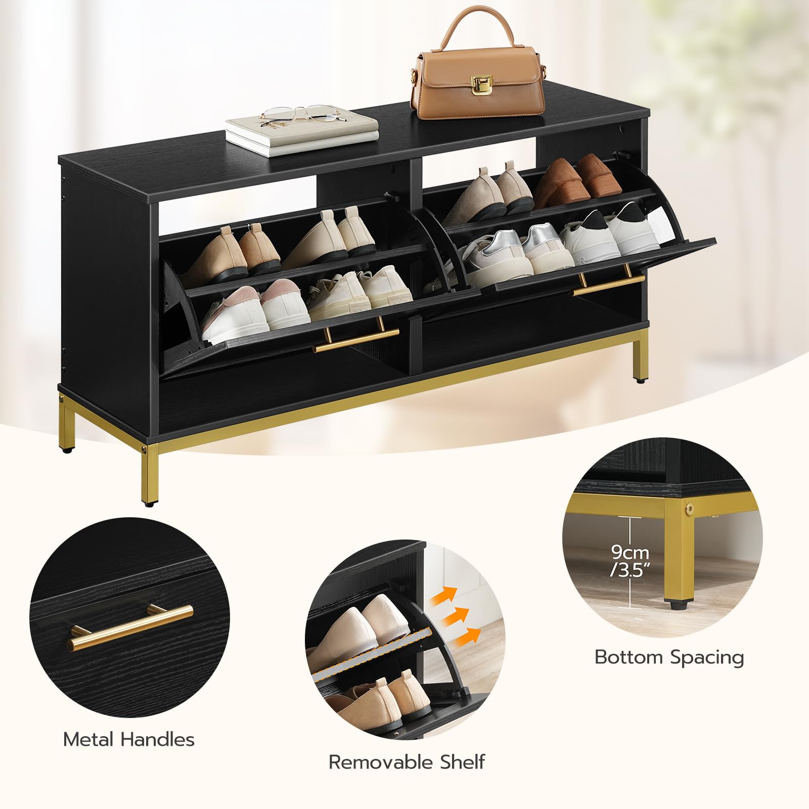 HOOBRO Entryway Shoe Bench with 2 Flip-Up Storage Drawers, Hidden Shoe Cabinet Organizer for Hallway, Foyer & Mudroom - Black & Gold Modern Design (DB48HX01) | Perfect for Small Spaces, Apartment Entryways & Shoe Storage Organization
