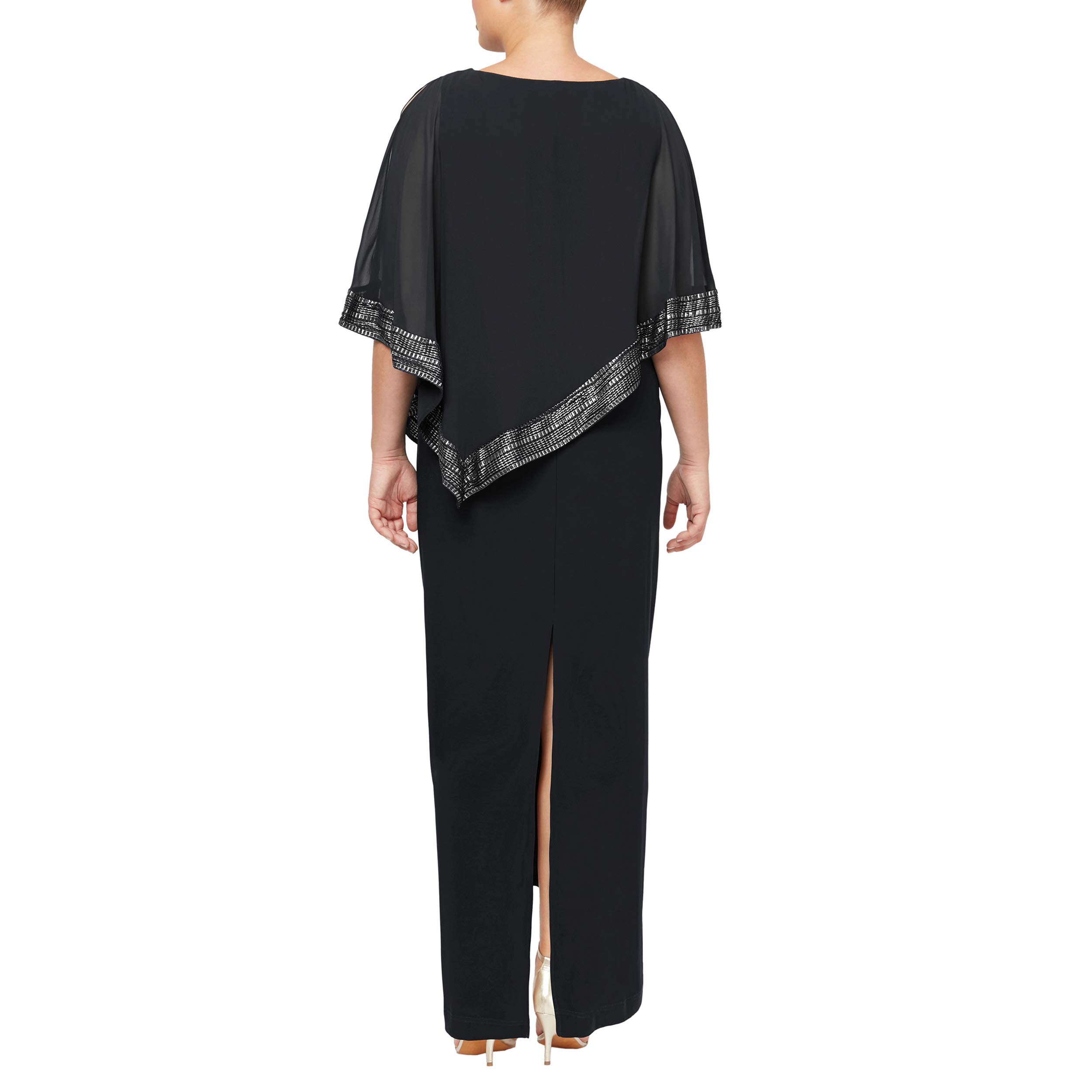 **S.L. Fashions Women's Plus Size Long Cold Shoulder Capelet Dress with Metallic Trim - Elegant Evening Wear for Parties, Weddings & Special Occasions**
