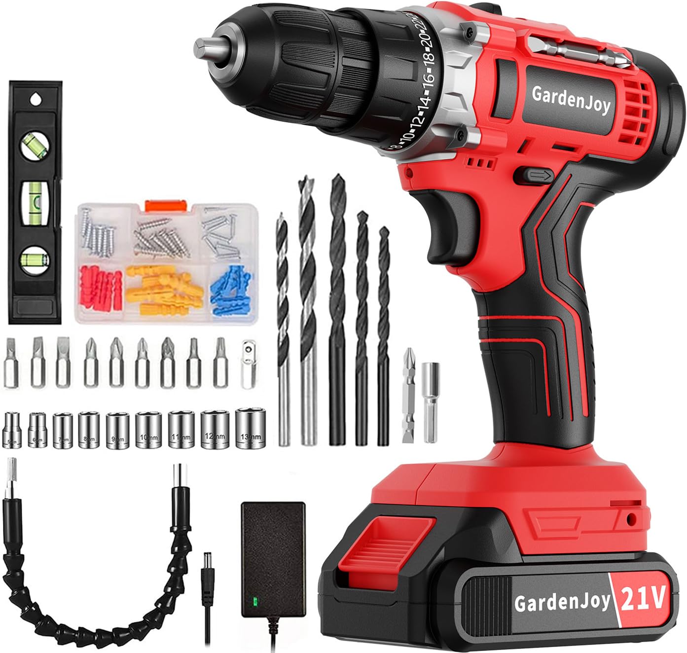 **21V Cordless Power Drill Set - GardenJoy Electric Drill Driver Kit with Battery & Fast Charger, 65pc Accessories, 2-Speed Control, 3/8