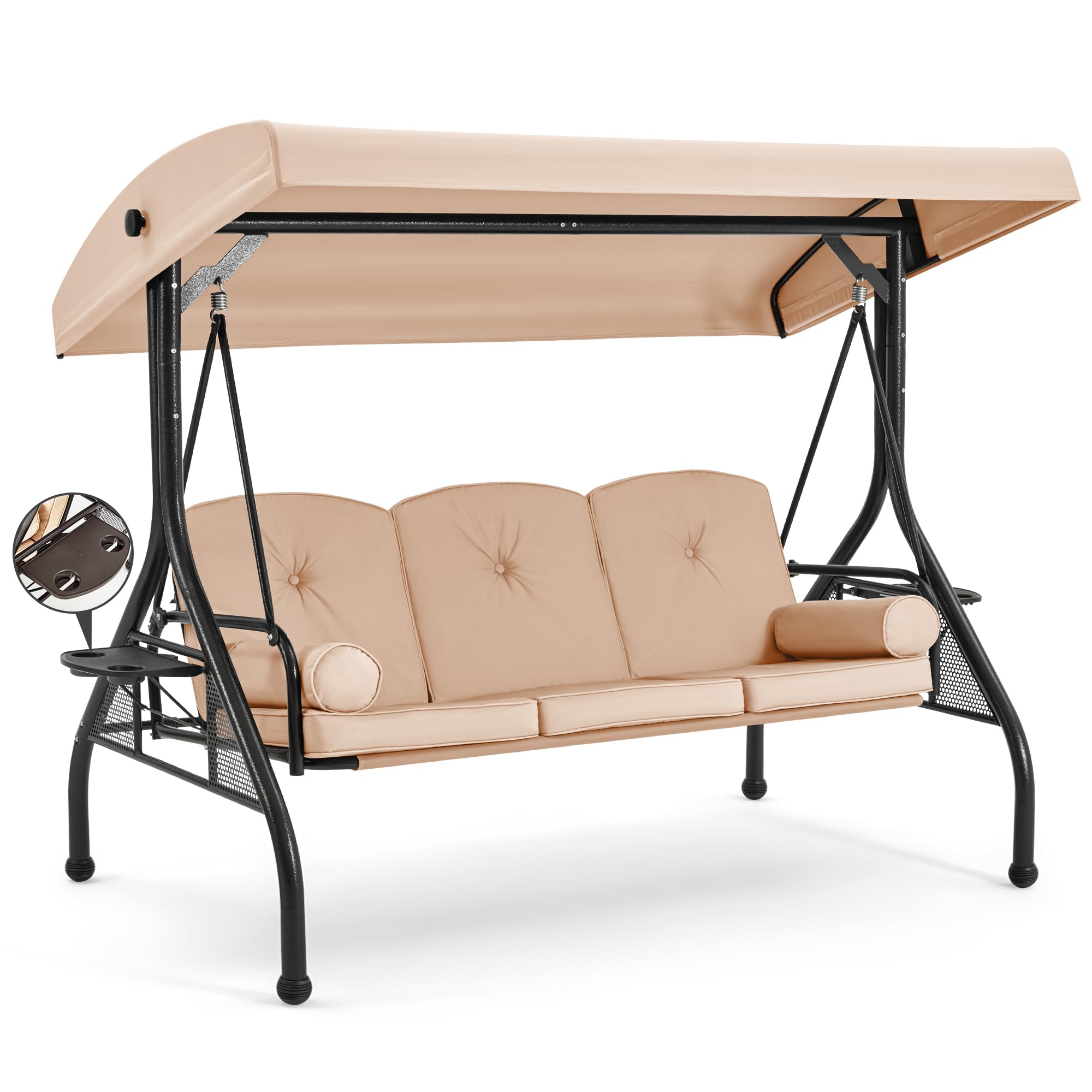 HOMREST 3-Seat Outdoor Porch Swing with Adjustable Canopy - Convertible Patio Swing Bed with Stand - Heavy-Duty Glider Swing with Upgraded Cup Holders, Thickened Cushions & Pillows - Perfect for Backyard, Garden, Deck or Patio Relaxation (Khaki)