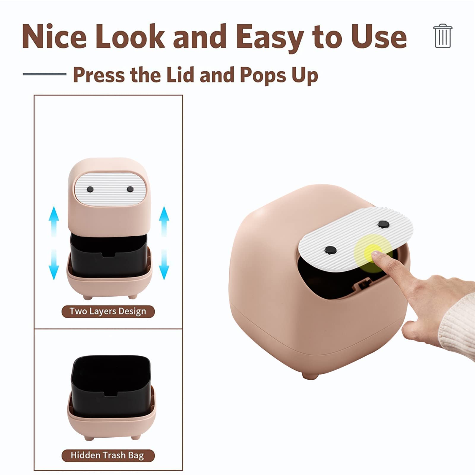 Mini Trash Can with Lid - Cute Ninja Design Small Plastic Garbage Bin for Office Desk, Bathroom Vanity, Coffee Table & Home Decor | Portable Waste Basket for Paper Clips, Cotton Swabs & Snack Wrappers (Pink)