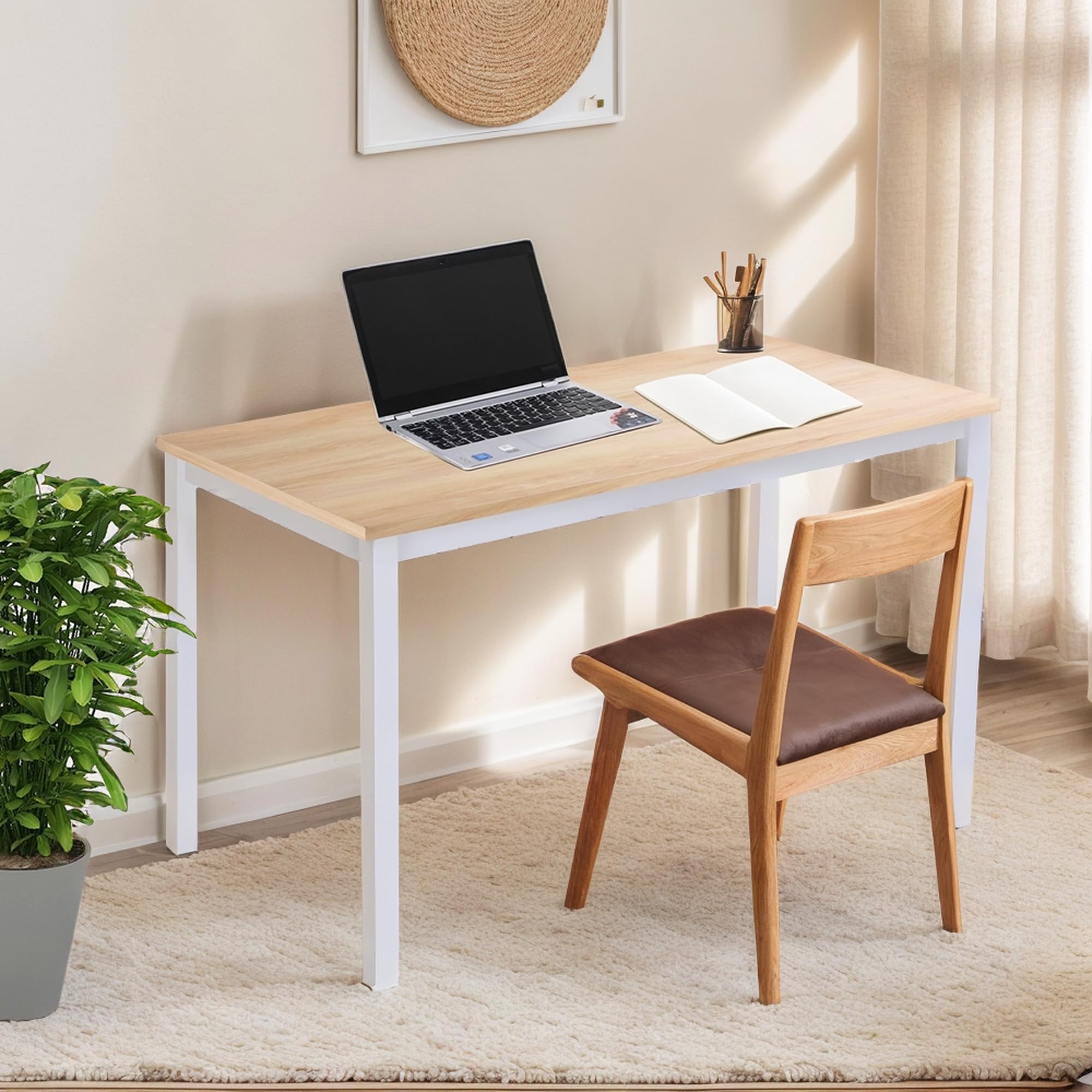 47 Inch Large Computer Desk with White Metal Frame & Apple Wood Grain Top - Modern Simple Style Home Office Desk for Bedroom, Study, Student Writing - Perfect for Small Spaces & Workspaces