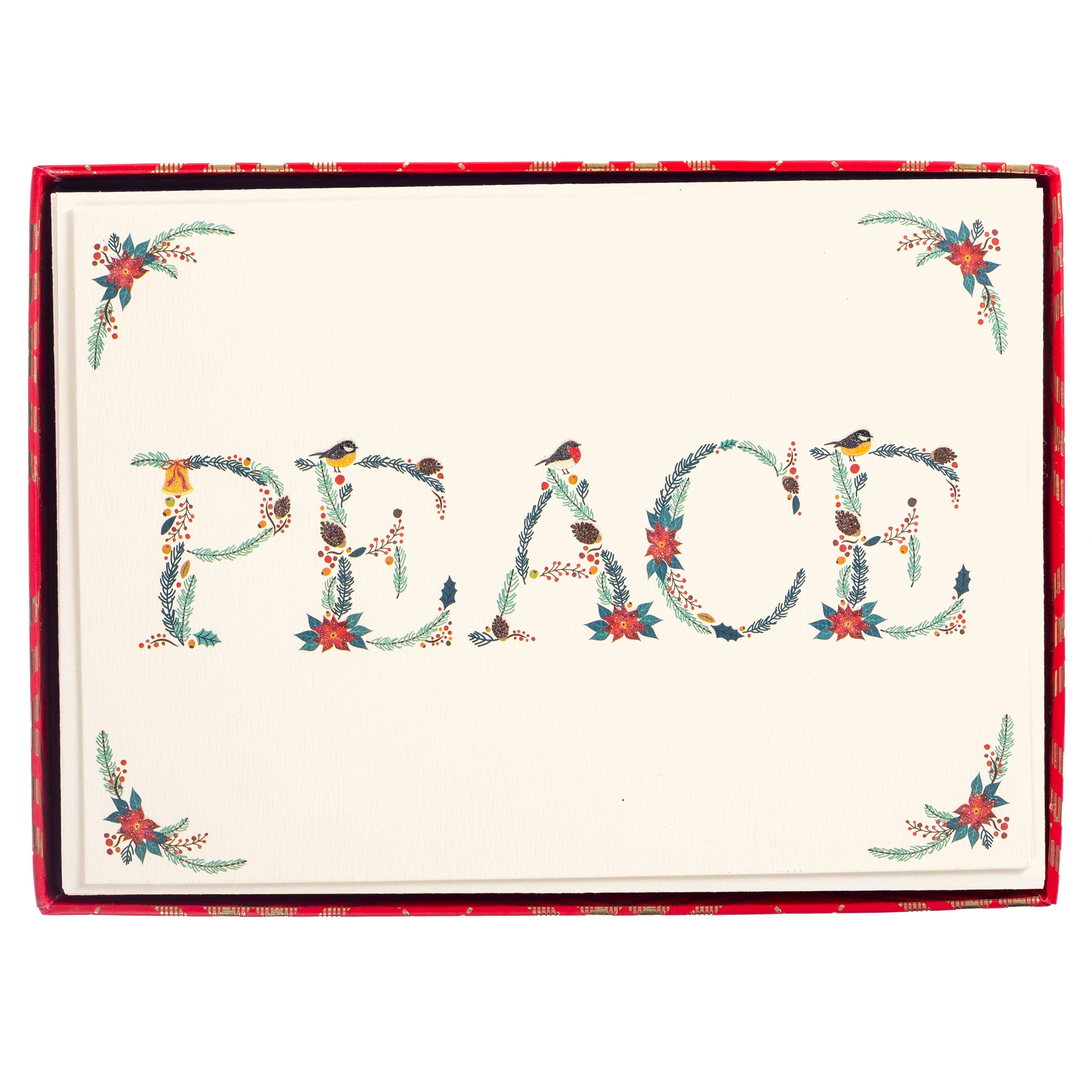 Graphique Peace Foliage Birds Holiday Greeting Cards - Pack of 15 Christmas Cards with Envelopes, Glitter Accents, Boxed Set (4.75