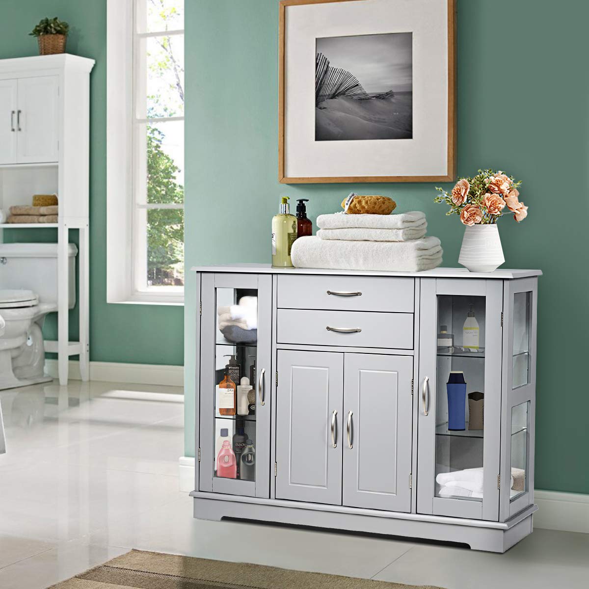 Giantex Gray Sideboard Buffet Server with 2 Drawers & 3 Cabinets - Kitchen Storage Cabinet with Glass Doors for Dining Room Furniture, Cupboard Console Table - Perfect for Entertaining, Holiday Serving & Home Organization