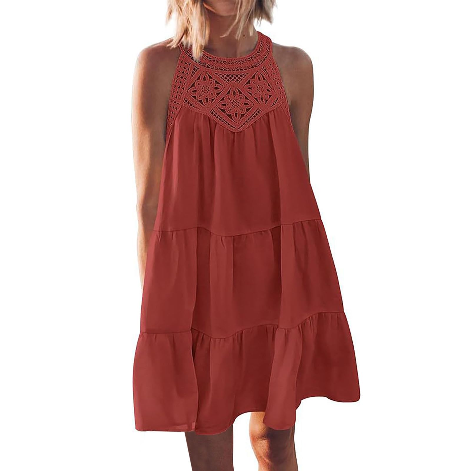 Women's Summer Hollow Out Lace Halter Dress - Casual Sleeveless A-Line Tiered Swing Sundress for Beach Vacation & Outdoor Parties | Perfect for Poolside, Tropical Getaways and Summer Festivals