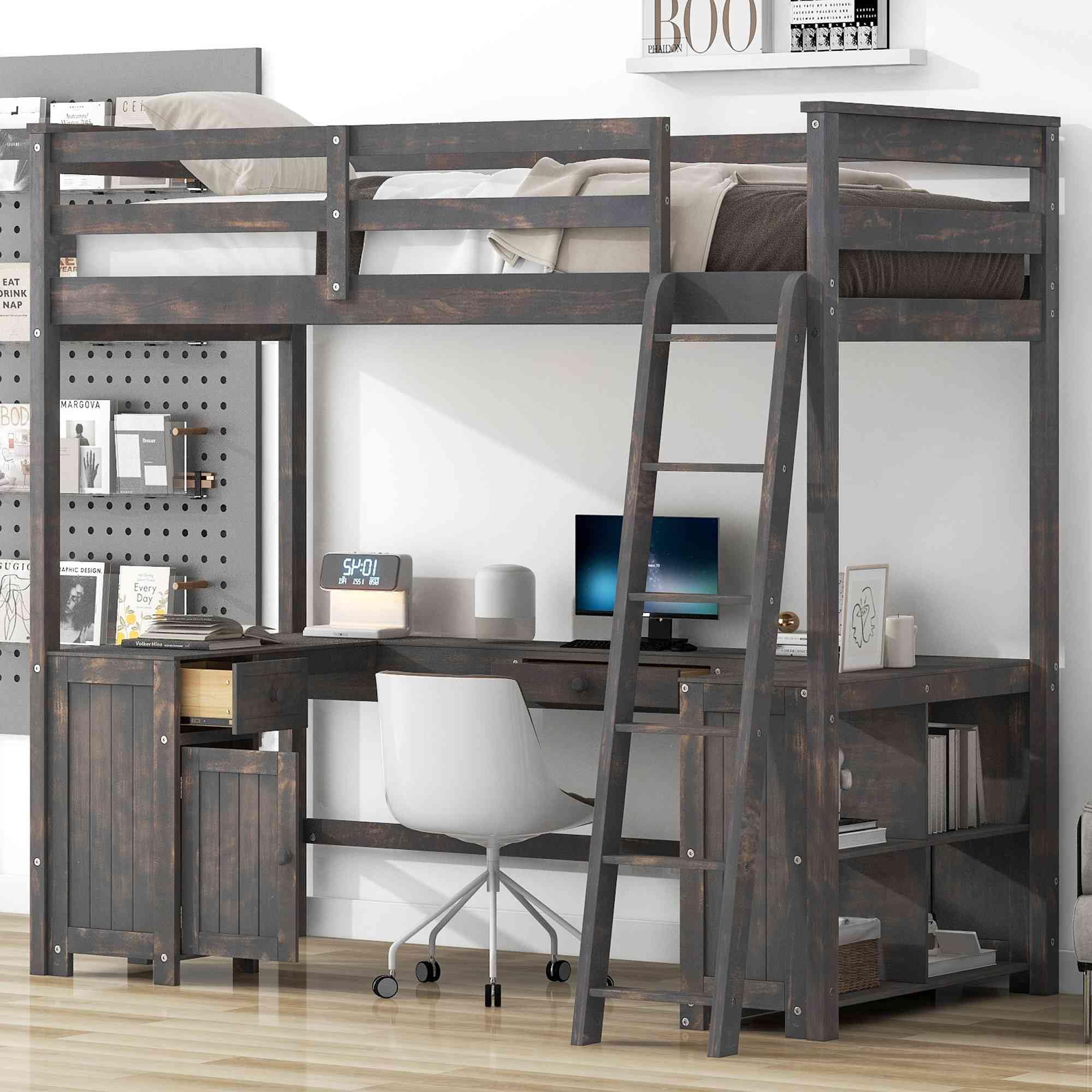 Twin Loft Bed with Storage & Desk - Solid Wood Space Saver for Kids Bedroom & Dorm