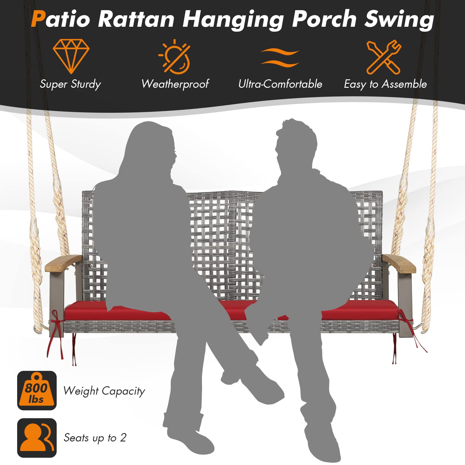 Happygrill 2-Person Outdoor Rattan Swing Chair with Acacia Wood Armrests - 118