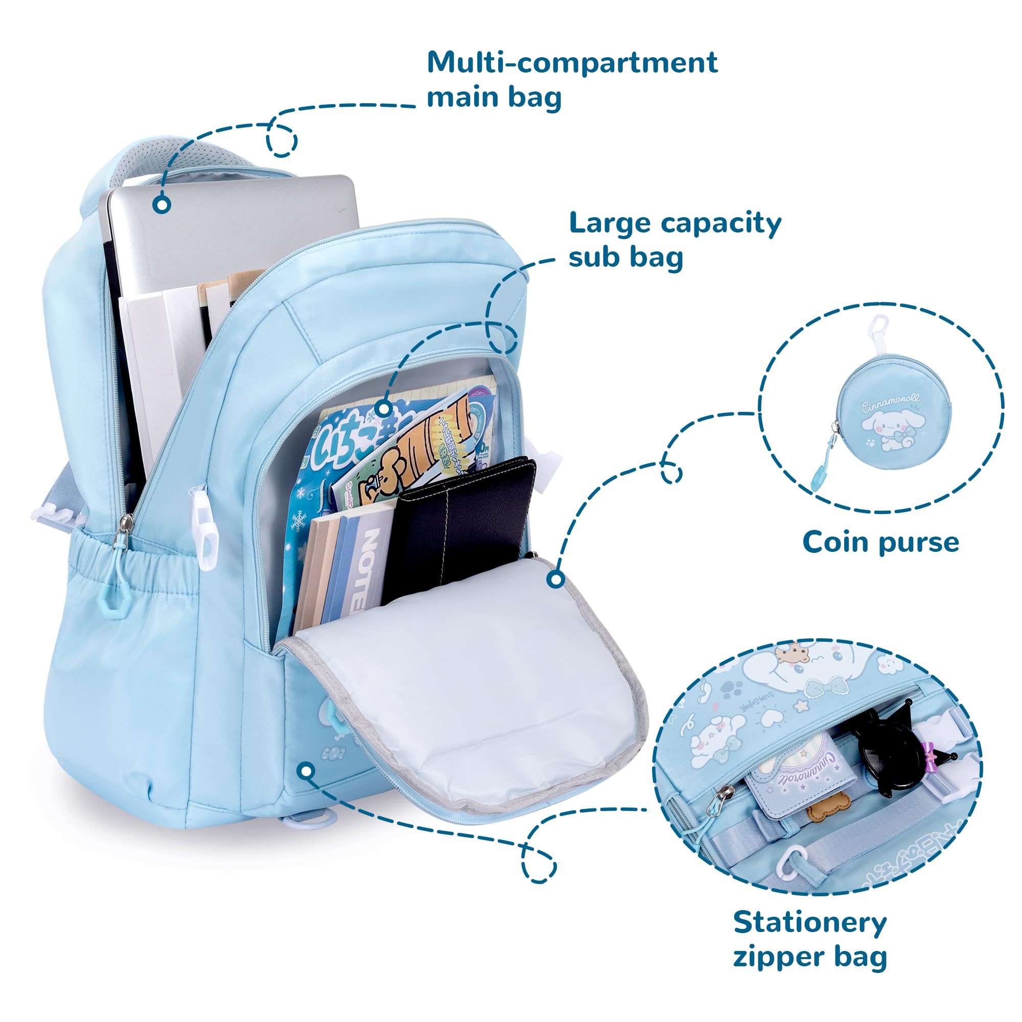 Cinnamoroll Anime Backpack for Girls - Kawaii School Bag with 12 Pcs Accessories, Anti-Theft Laptop Compartment, Cute Pins | Aesthetic Travel Daypack for Students, College, Work & Daily Use