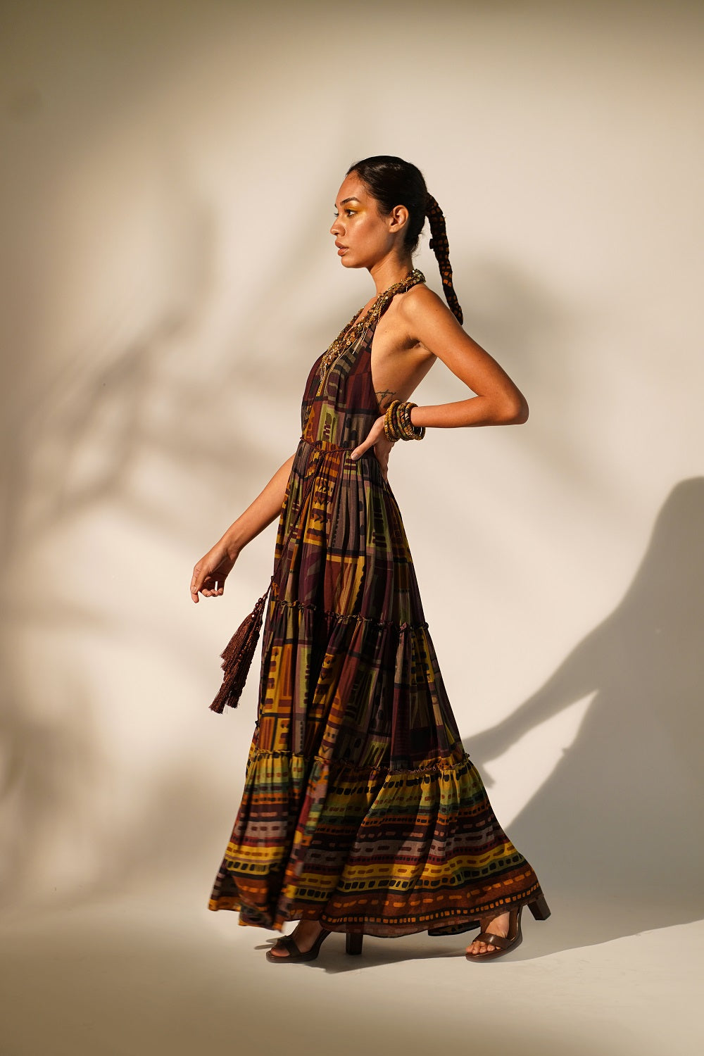 Stylish Multicolor Abstract Print Maxi Dress with Hand Baroque Metallic Embellishment - Perfect for Evening Parties, Weddings & Special Occasions