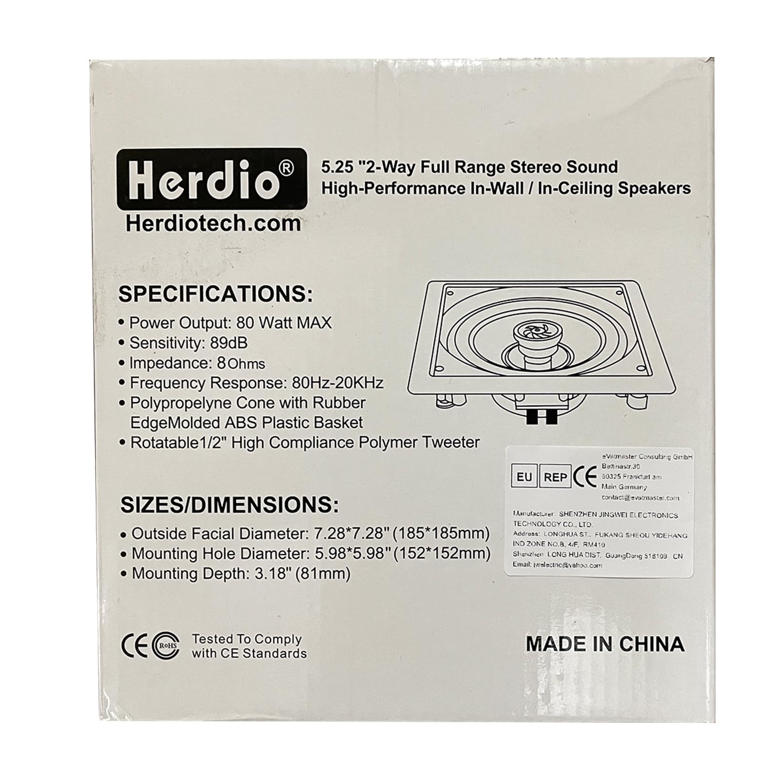 Herdio 5.25 Inch 160W 2-Way Passive Ceiling Speakers Pair - Square Flush Mount In-Wall Speakers for Home Theater, Living Room, Office - Perfect for Background Music & Surround Sound Systems