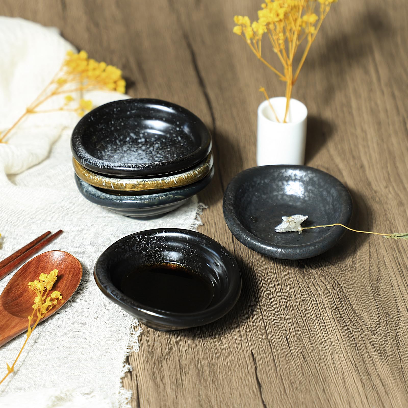 3.5 Inch Retro Black Porcelain Bowls Set of 5 - Multipurpose Side Dishes, Seasoning & Soy Sauce Dipping Bowls - Perfect for Asian Cuisine, Sushi Restaurants & Home Dining