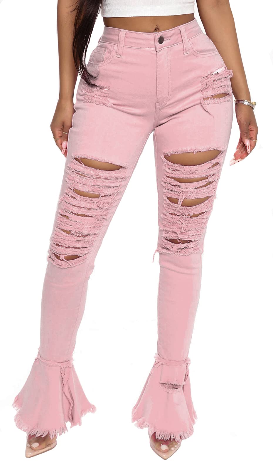 Women's Ripped Flare Jeans - Elastic Waist Raw Hem Denim Pants for Casual Outfits