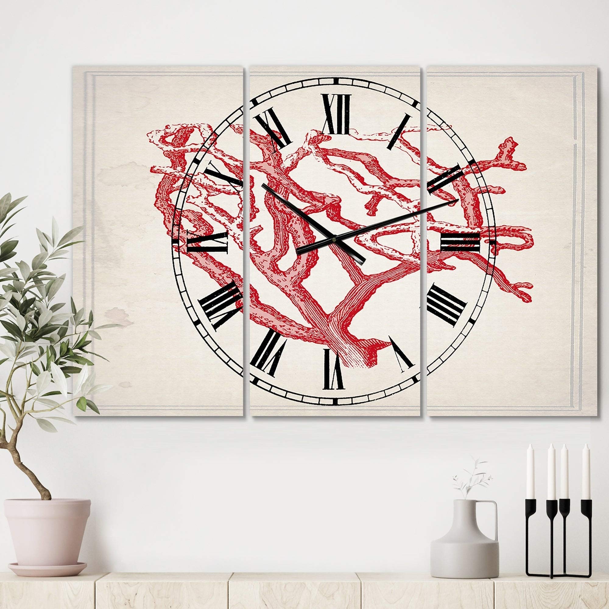 Red Coral 2-Foot Oversized Nautical Coastal Wall Clock - 3-Panel Beach Decor (36