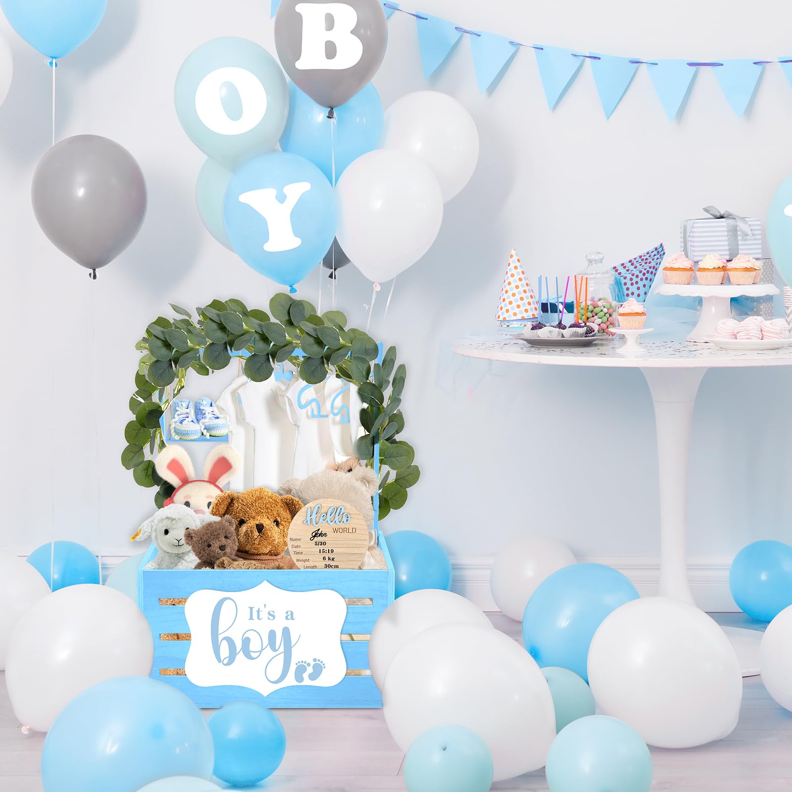 Tkifoda Wooden Baby Shower Gift Crate - Blue Storage Hamper with Handle & Clothes Hanger | Baby Shower Decor, Newborn Gift Basket for Girls | Perfect for Nursery Organization & Baby Shower Party Decorations