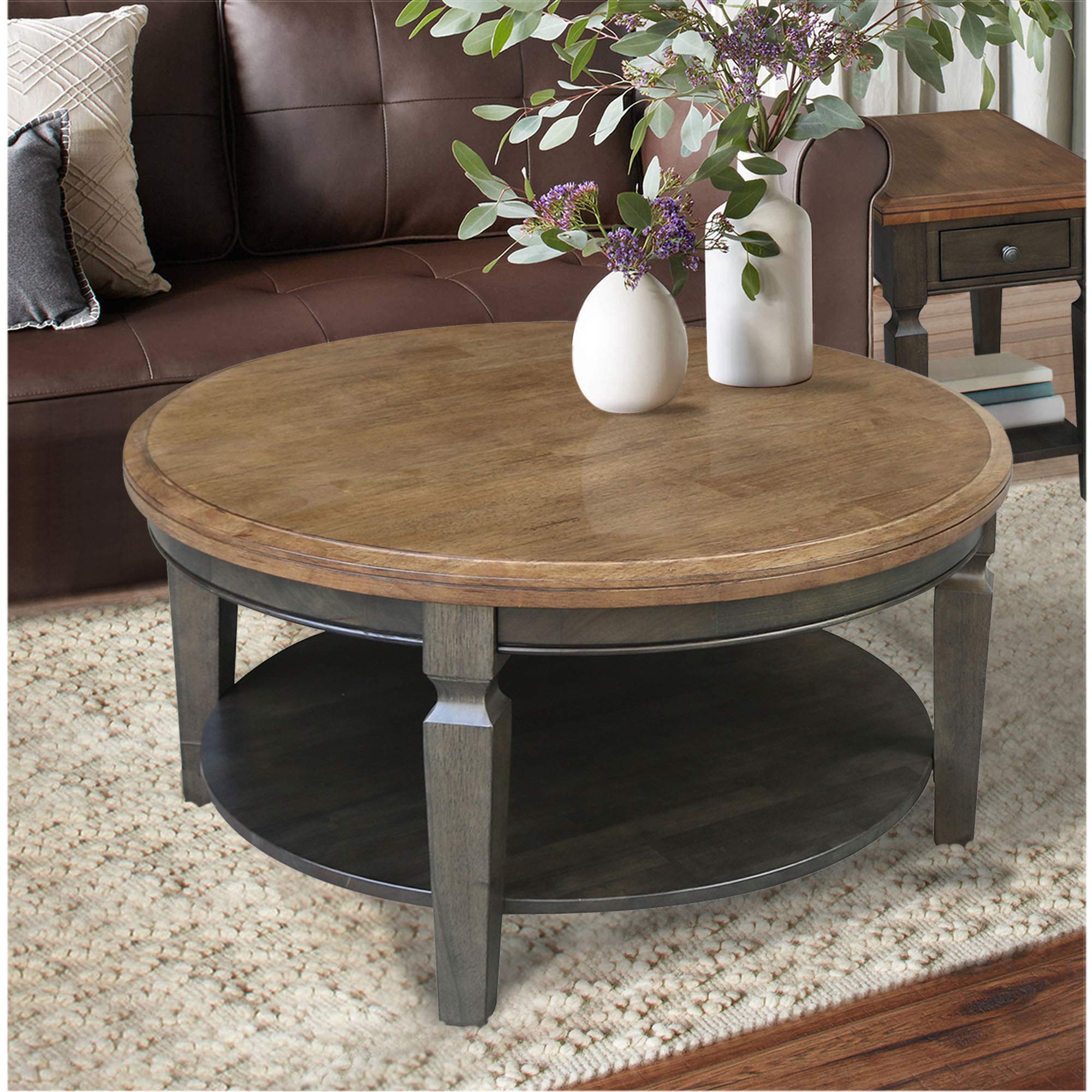 Solid Real Wood Round Coffee Table - Parawood & Hickory for Living Room