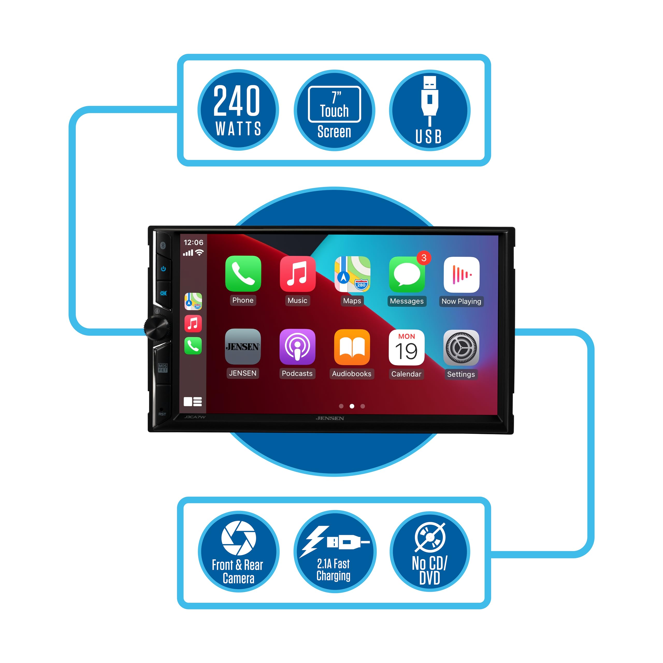 JENSEN J3CA7W 7-inch Double DIN Car Stereo with Apple CarPlay & Android Auto - Wireless & Wired Touchscreen Radio | Bluetooth | Backup Camera Input | USB Playback & Charging | Perfect for Road Trips & Daily Commutes