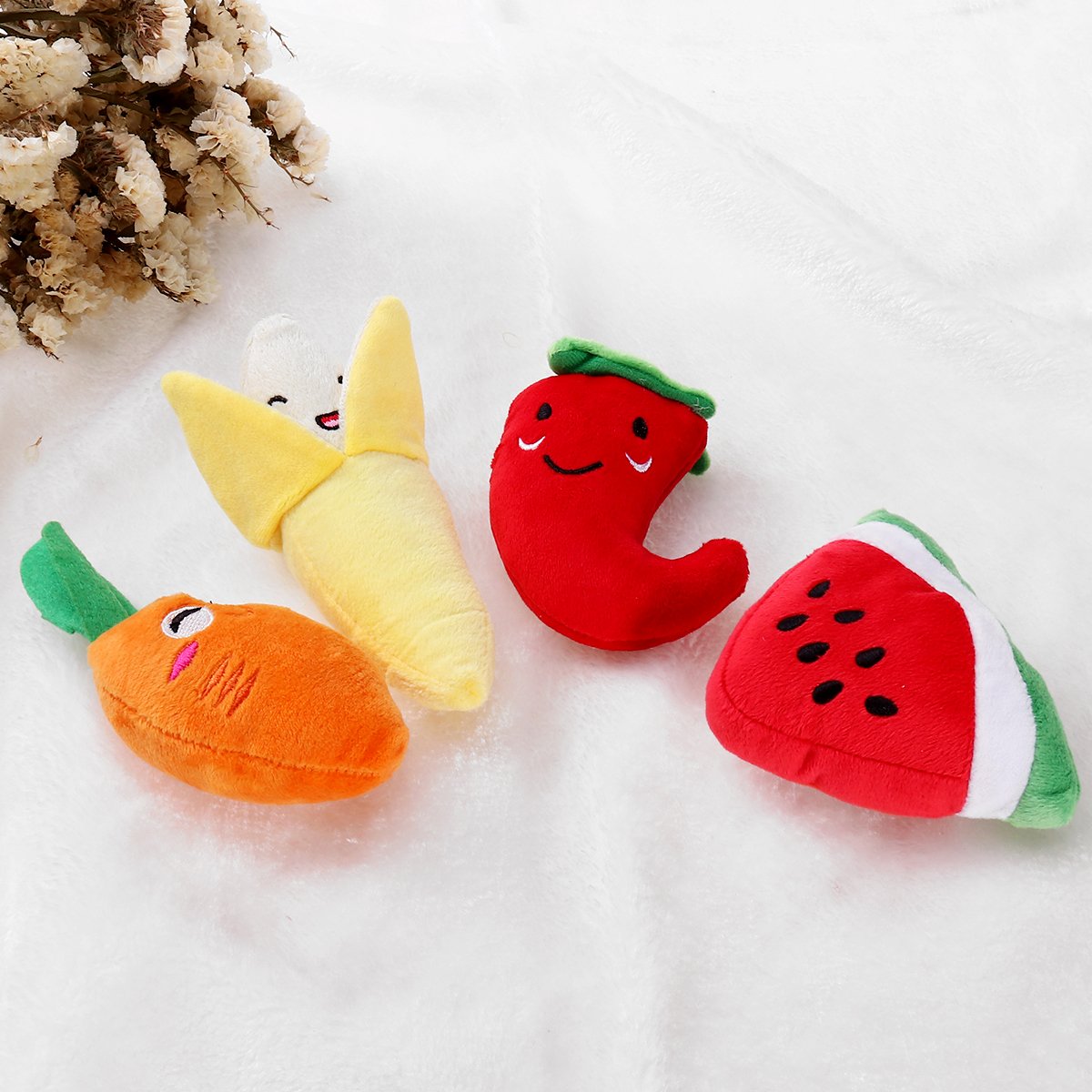 UEETEK 4 Pack Plush Squeaky Chew Toys for Dogs & Cats - Carrot, Watermelon, Banana & Pepper Shapes - Puppy Training, Teething Relief & Interactive Play