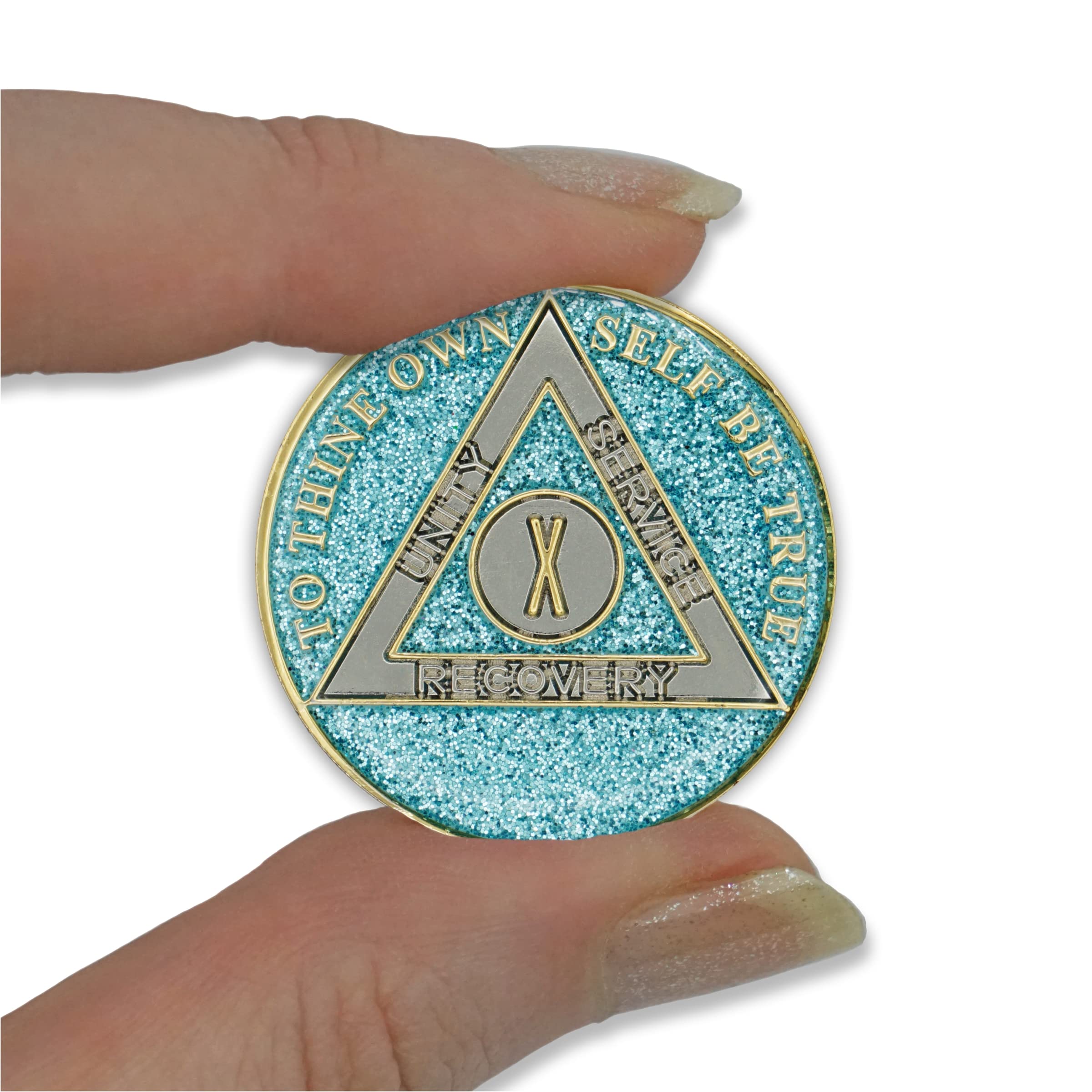 10 Year Sobriety Coin - Glitter Triplate AA Chip Recovery Anniversary Token (Blue) | Celebrate Milestones in Alcoholics Anonymous Meetings & Personal Sobriety Journey